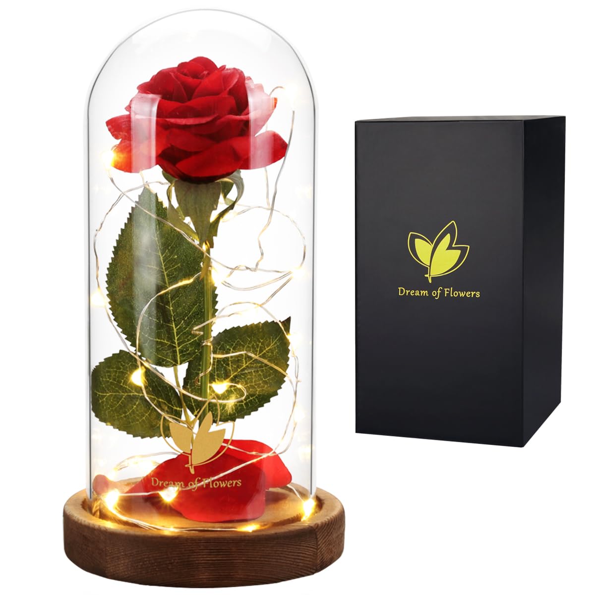 Beauty and The Beast Rose in Glass Dome with LED Lights - Romantic Valentine's Day Gift for Her, Wife, Girlfriend | Anniversary, Birthday Present for Women | Perfect for Home Decor, Wedding Centerpiece, and Special Occasions