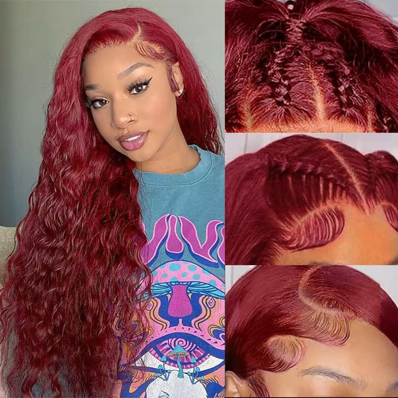 Burgundy 13x4 Lace Front Wig Human Hair 180% Density Water Wave Glueless Pre Plucked Bleached Knots 28 Inch - Natural Red Colored Curly Wig for Women | Perfect for Cosplay, Parties, Weddings & Daily Wear
