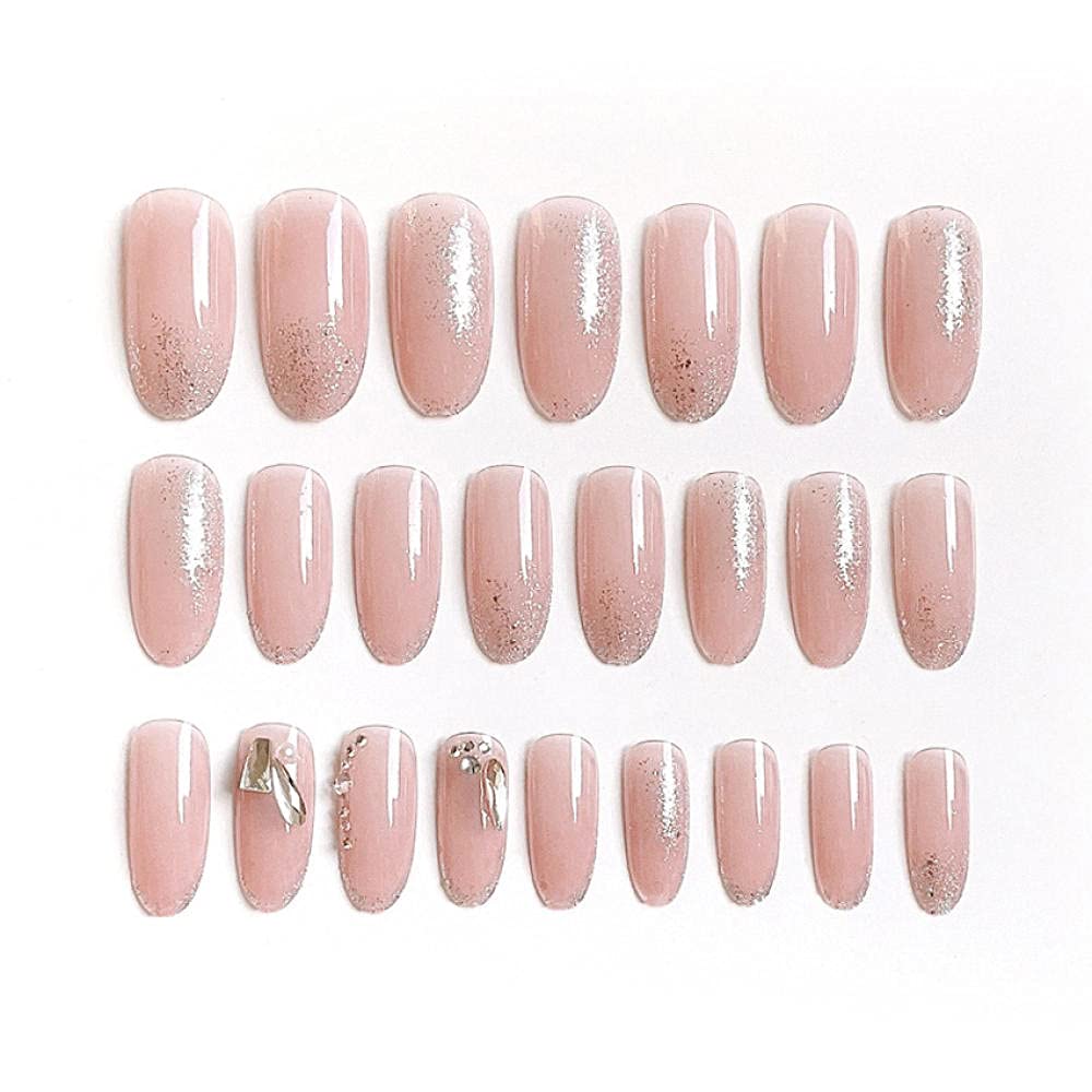 Glitter False Nails for Women - 24pcs Medium Length Round Fake Nails with Removable Nail Art Stickers - Perfect for Daily Wear, Parties, and Special Occasions