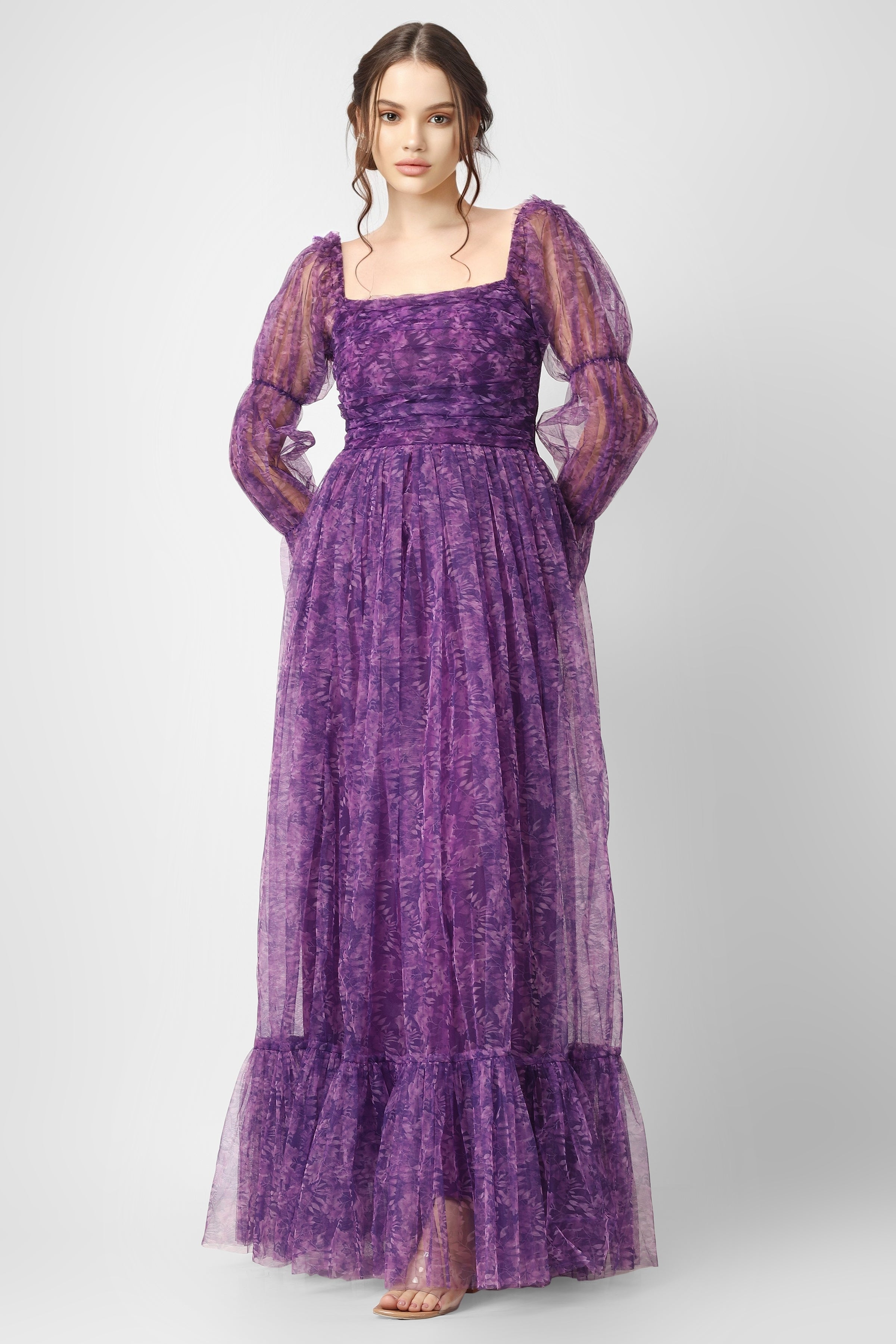 Elegant Ruth Purple Printed Tulle Dress for Women | Floral Lace Party Gown | Perfect for Weddings, Prom & Special Occasions