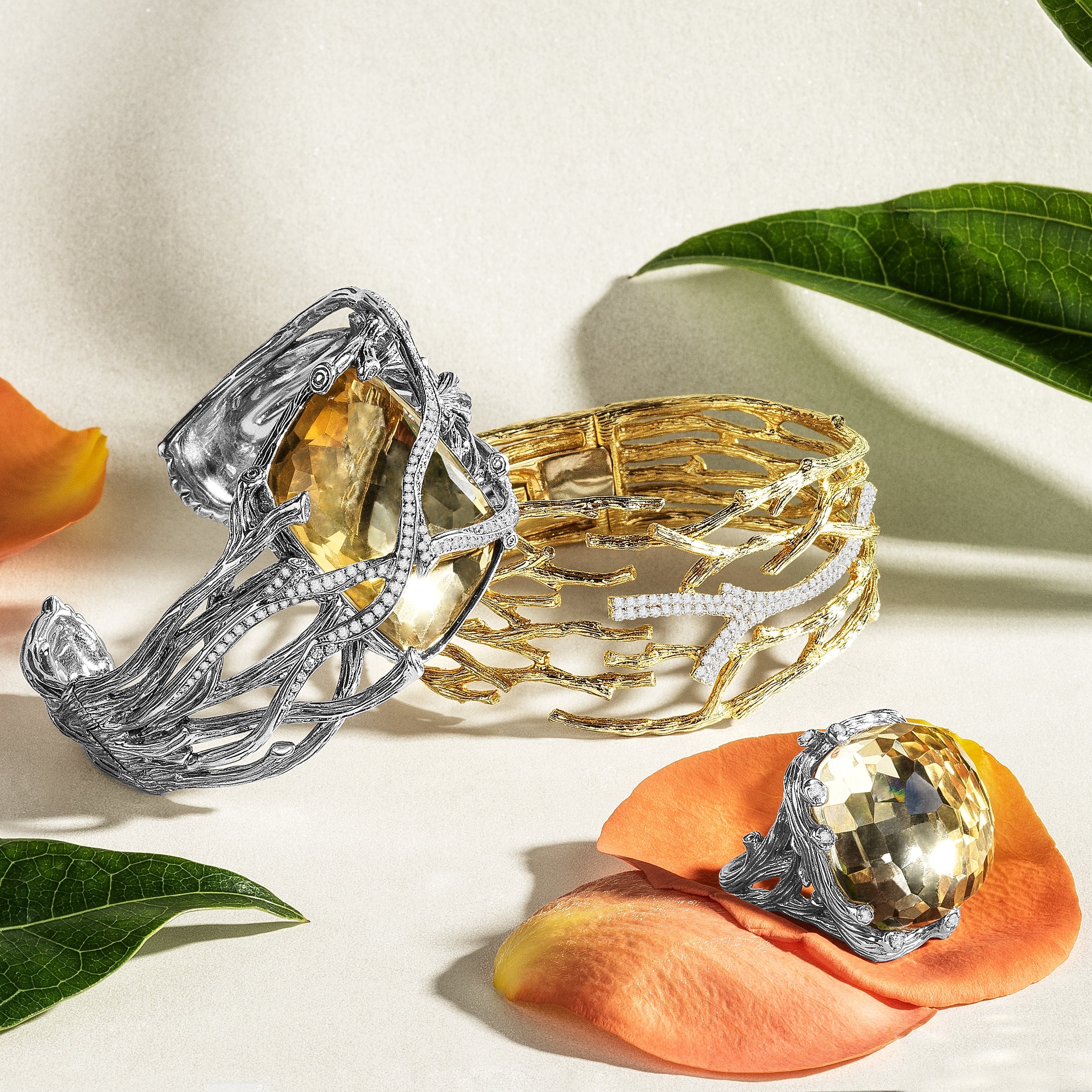 Enchanted Forest Ring with Gold Doublet and Diamonds - 21mm Elegant Jewelry for Women, Perfect for Weddings, Anniversaries & Special Occasions