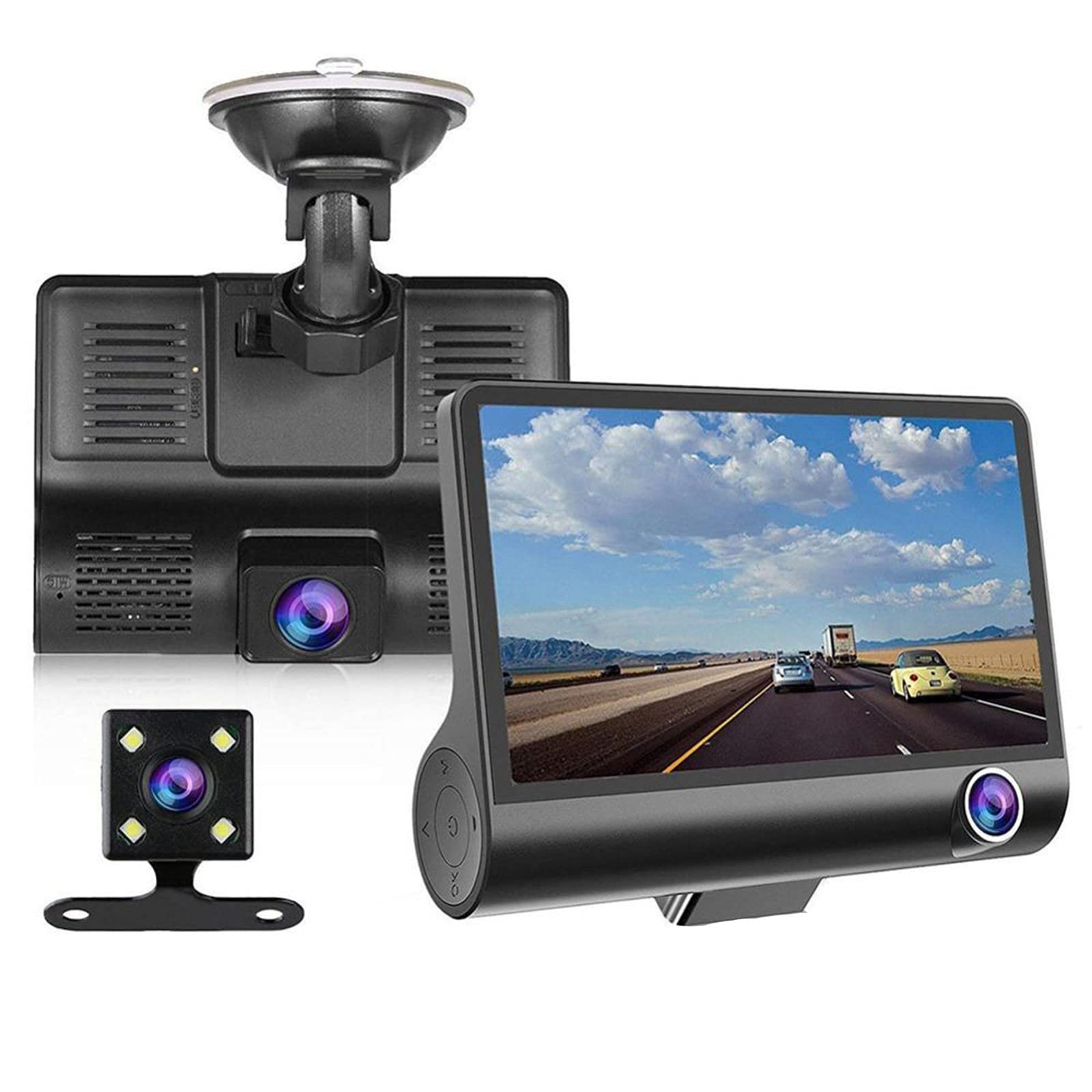 HD 3-Channel Dash Cam with Night Vision - Front, Rear & Interior Car Camera Recorder for Uber, Taxi & Fleet Vehicles - 1080P Full HD, G-Sensor, Loop Recording, Parking Monitor - Ideal for Ride Sharing & Security
