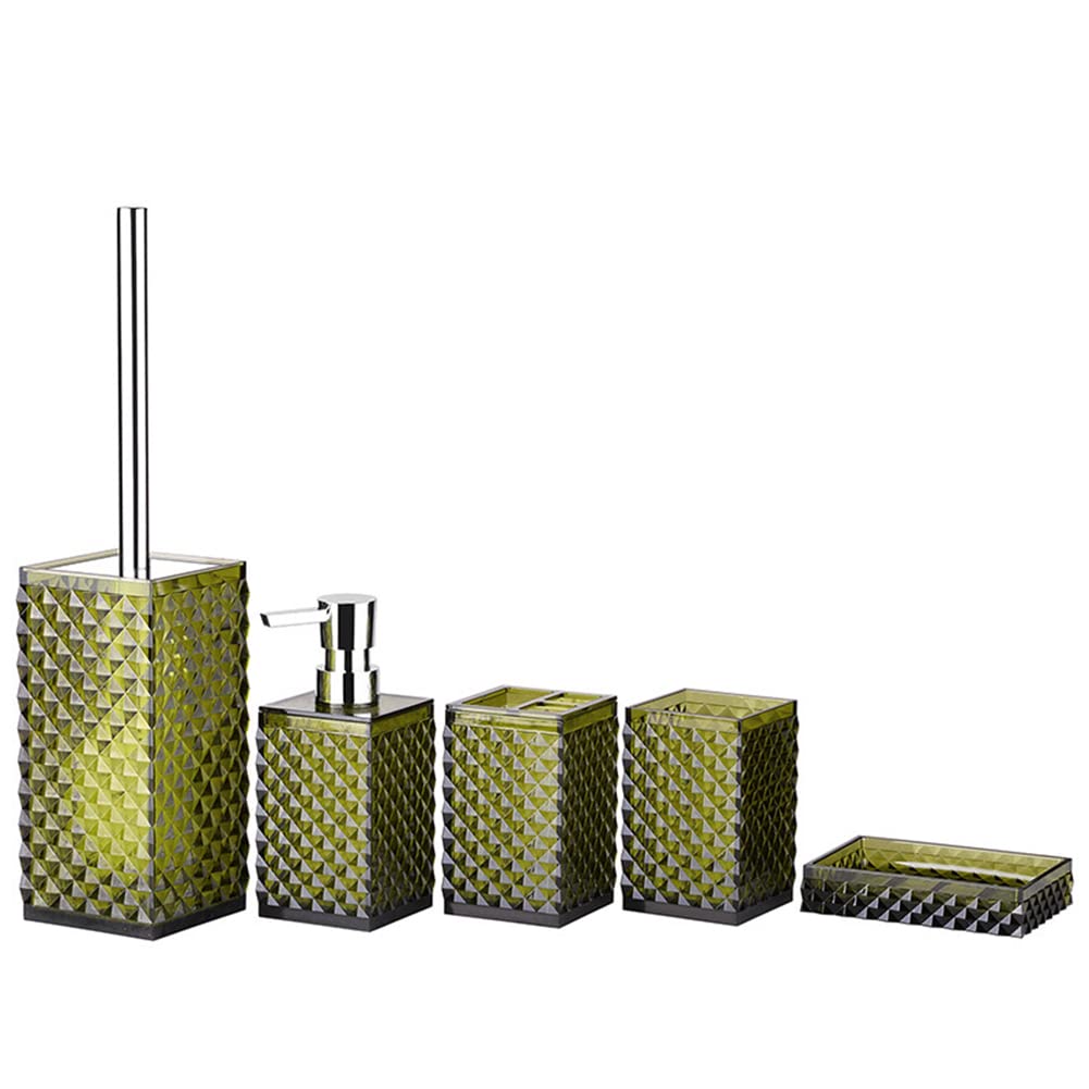 6-Piece Green Acrylic Bathroom Accessories Set - Toothbrush Holder, Cup, Soap Dispenser, Toilet Brush with Holder, Soap Dish | Modern Bathroom Decor | Perfect Housewarming Gift for New Homeowners