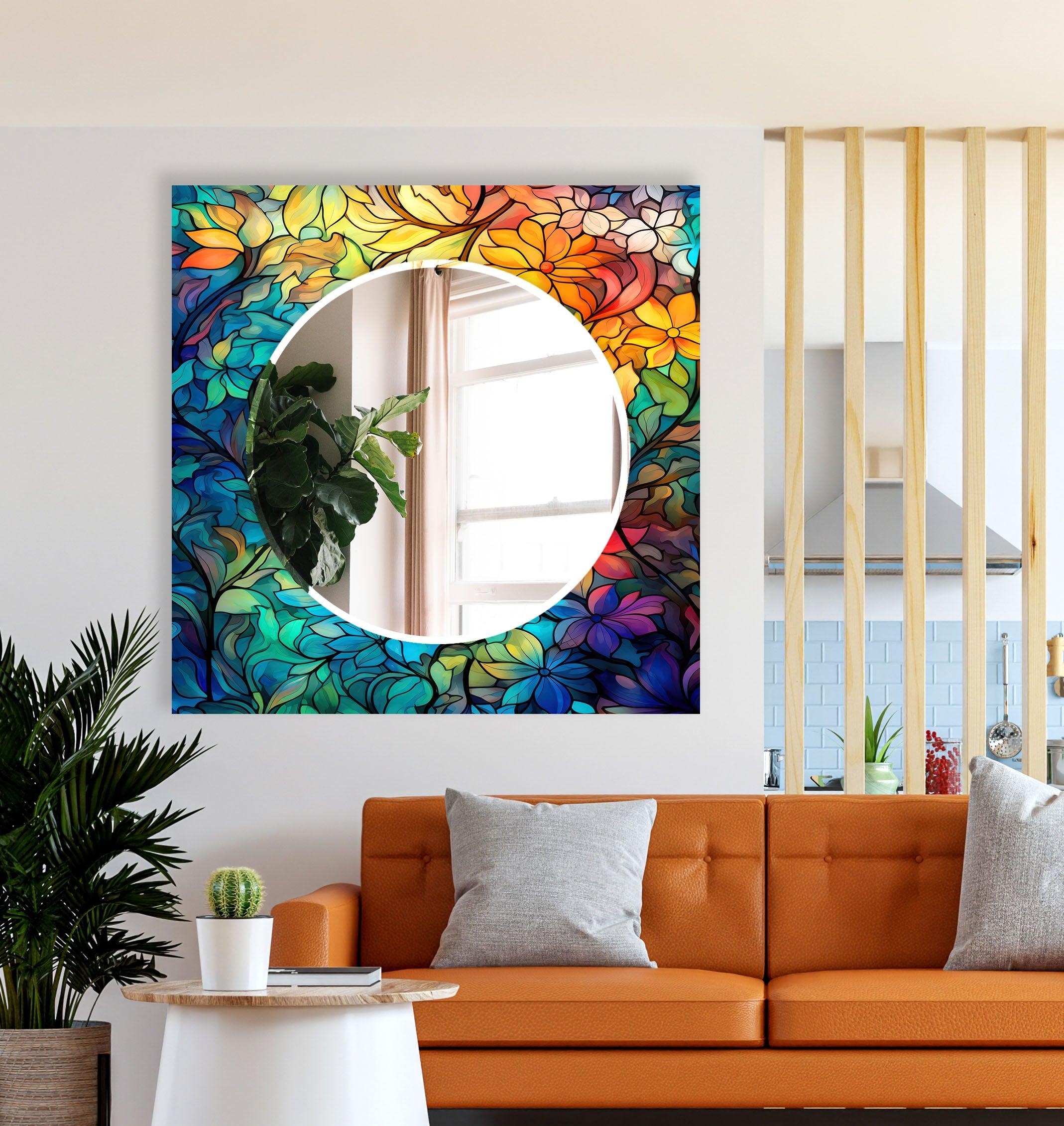 Blue & Orange Stained Glass Wall Mirror with Leaf Design - Elegant Home Decor for Living Room, Bedroom, or Entryway