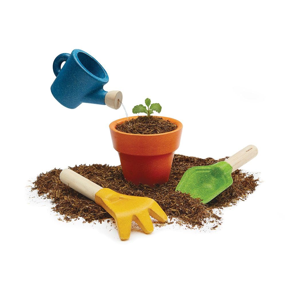 PlanToys Wooden Gardening Set for Kids - Pretend Play Toy with Shovel, Rake, and Watering Can - Outdoor & Indoor Role Play for Toddlers & Preschoolers