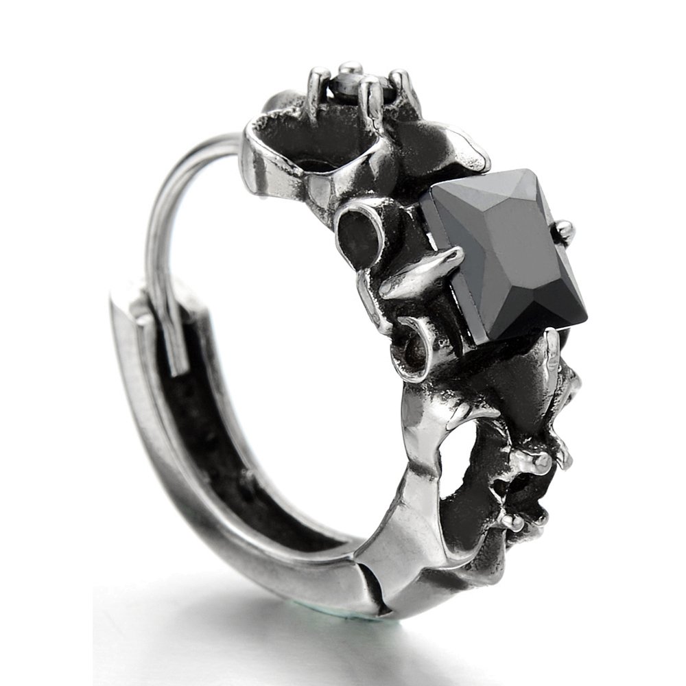 Vintage Men's Huggie Hinged Hoop Earrings - Stainless Steel with Black Square Cubic Zirconia - Perfect for Casual Wear, Gifts & Special Occasions