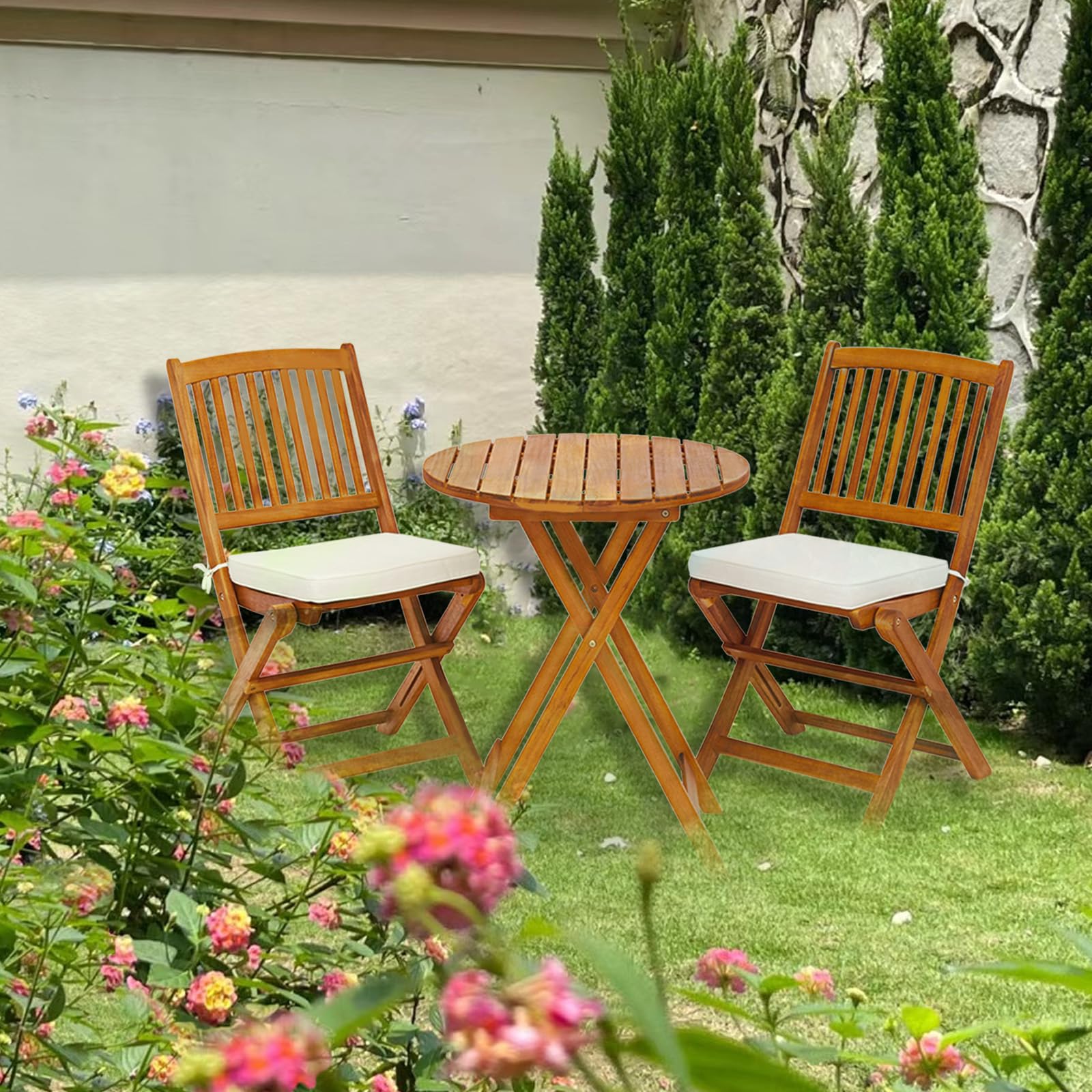 S AFSTAR 3-Piece Acacia Wood Patio Bistro Set with Folding Chairs, Round Coffee Table & Padded Cushions - Outdoor Dining Set for Garden, Balcony, Poolside, Porch & Backyard (Beige) - Perfect for Morning Coffee, Afternoon Tea, and Relaxing Evenings