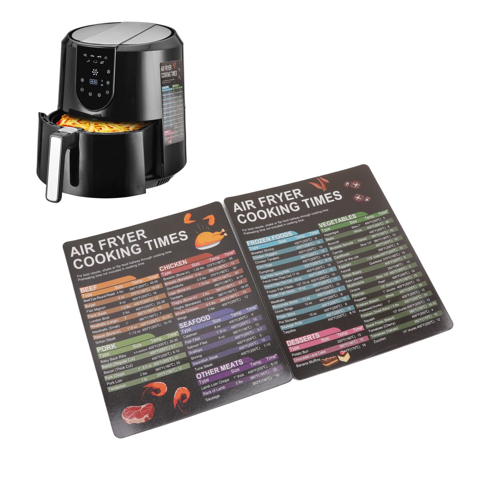 Air Fryer Magnetic Cheat Sheet Set - Cooking Times Chart & Recipe Guide | Perfect for Air Fryer Oven, Cooking Pot & Kitchen Appliances | Quick Reference for Meat Temps & Easy Meal Prep