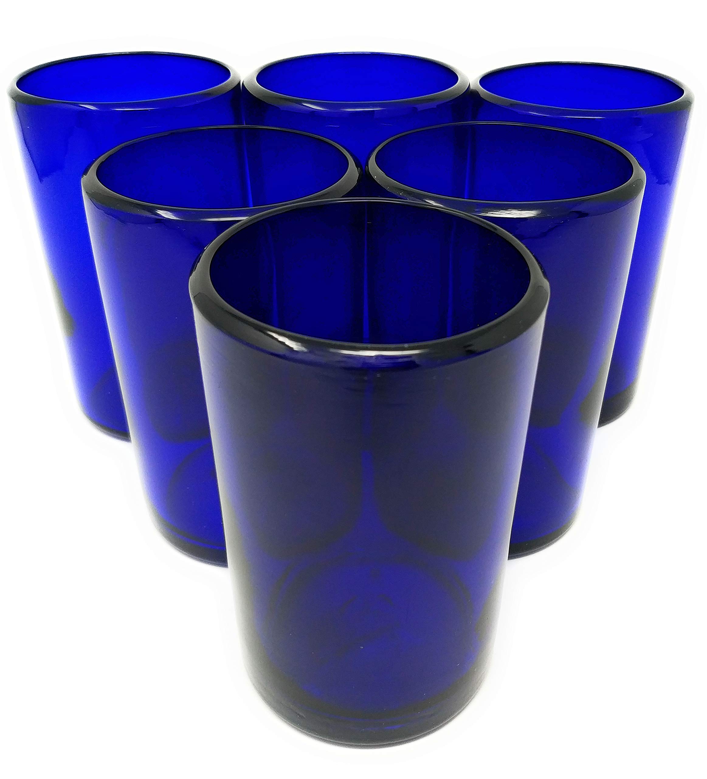 Hand Blown Mexican Drinking Glasses - Set of 6 Cobalt Blue Water Glasses (14 oz Each) - Perfect for Margaritas, Cocktails & Home Decor
