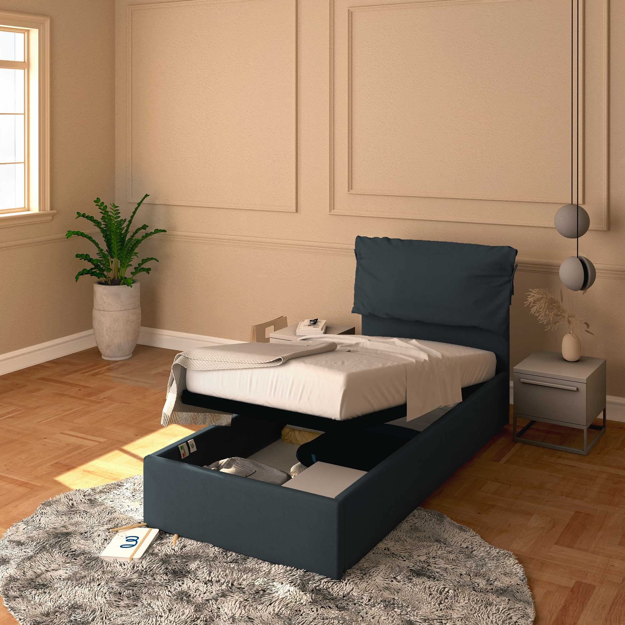 Baldiflex Single Bed with Storage - Licia Soft Synthetic Leather Upholstery, Slatted Base for 80x190cm Mattress, Padded Headboard, Night Blue - Perfect for Small Bedrooms & Guest Rooms