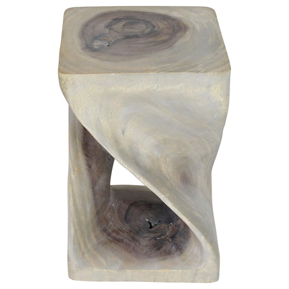 Haussmann Original Wood Twist Stool - 12x12x18 Inch End Table with Grey Oil Finish - Perfect for Living Room, Bedroom, or Office Decor