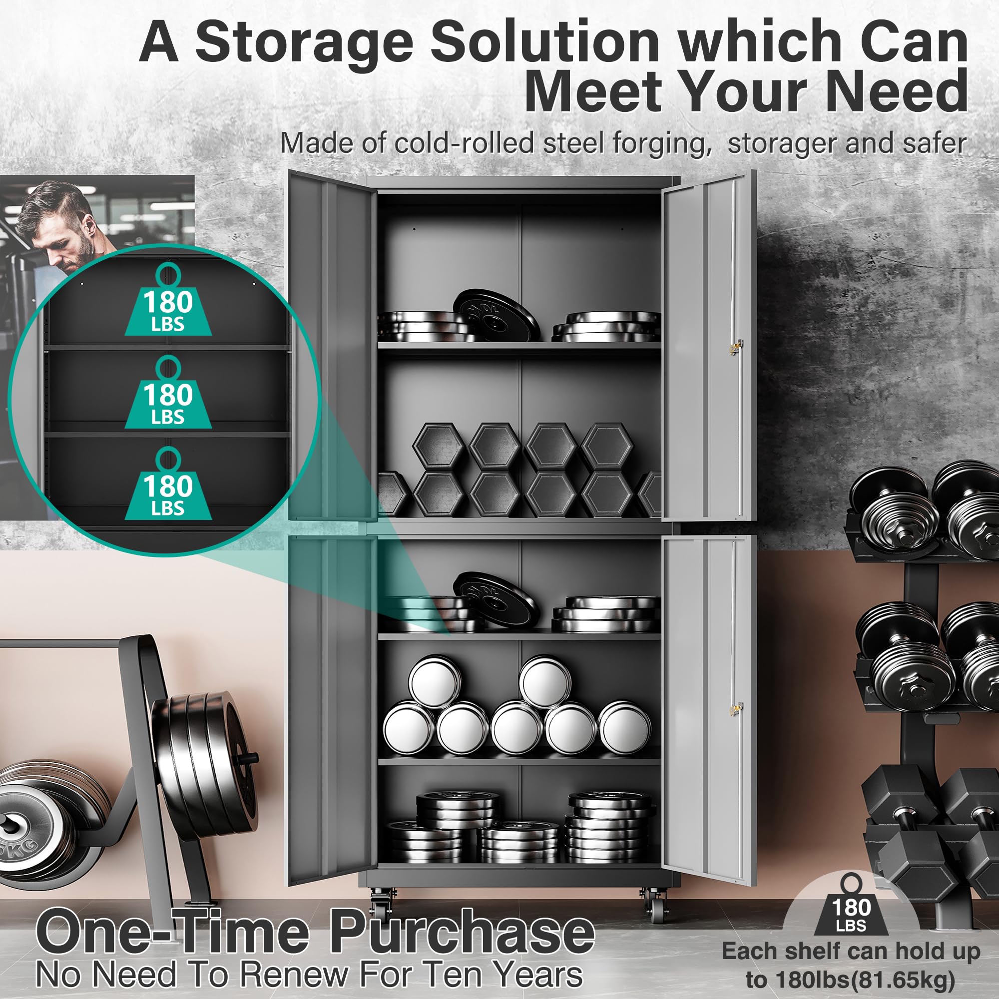 Heavy-Duty Rolling Metal Storage Cabinet with Lock & Wheels - Gray Lockable Garage Cabinet with Adjustable Shelves for Tools, Home, Office & Workshop Organization | Ideal for Garage Storage, Workshop Tool Organization & Home Office Supplies