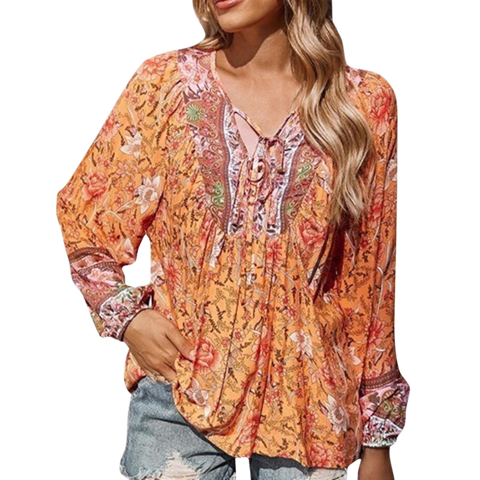 Women's Loose V-Neck Printed Long Sleeve T-Shirt - 100% Cotton Casual Top for Everyday Wear | Perfect for Work, Weekend & Layering