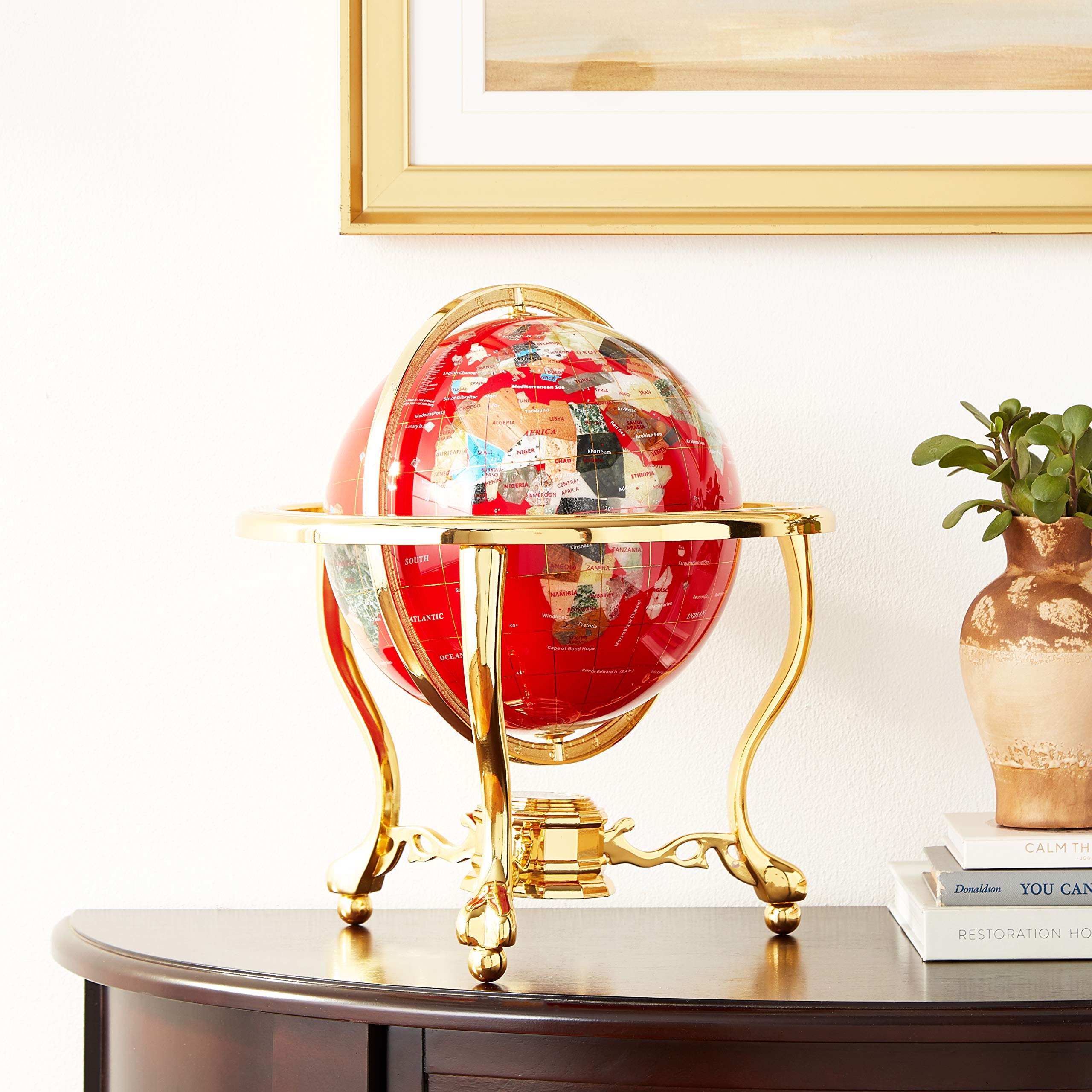 13-Inch Unique Red Ocean Gemstone World Globe with Gold Tripod Stand - Decorative Tabletop Art for Home, Office & Gift Giving