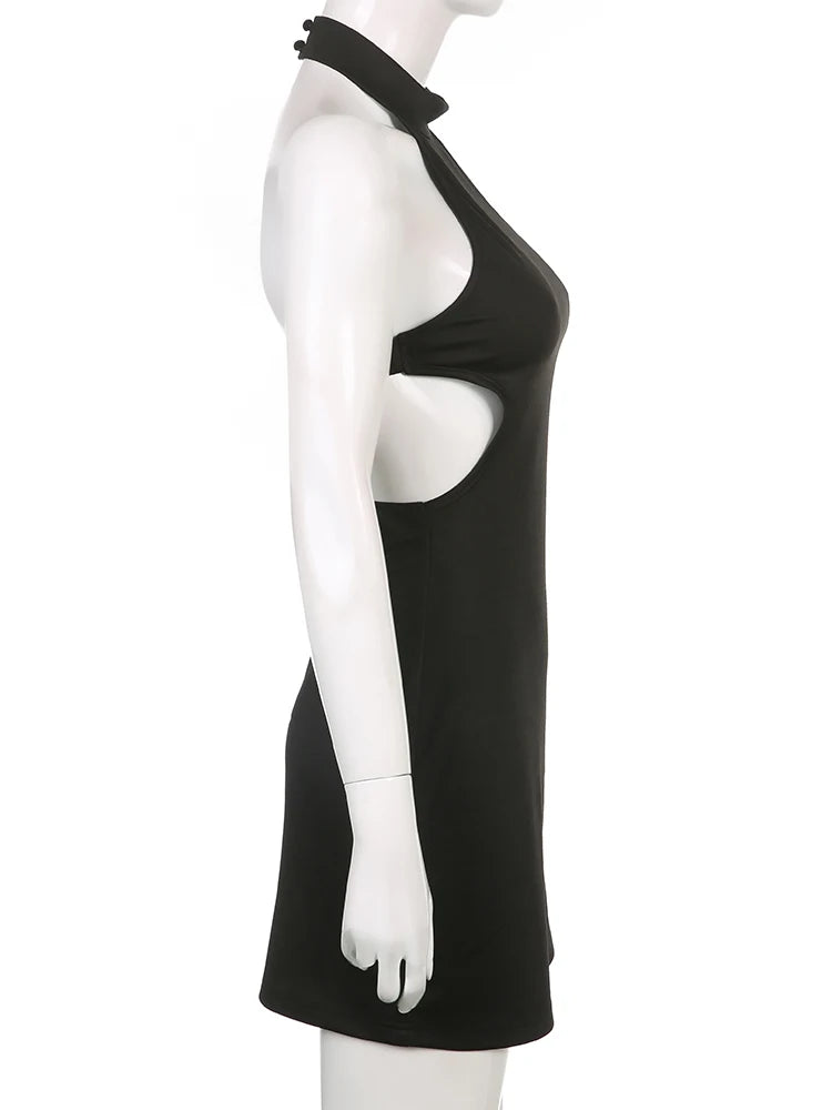 Elegant Backless Halter Neck Black Mini Dress - Summer Sleeveless Solid Tank Sundress for Women | Perfect for Beach Parties, Date Nights & Casual Outings