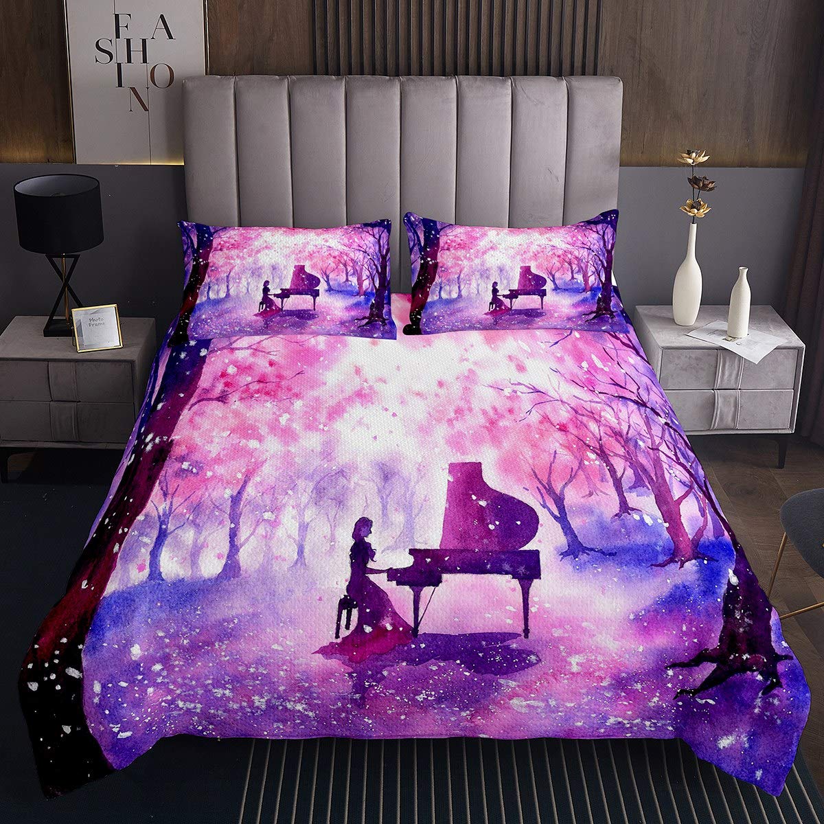 Feelyou Musical Instruments Print Bedspread Set - 3Pcs King Size Piano Coverlet with Zipper for Kids, Boys & Girls - Pink Purple Dreamy Decor Quilt for Bedroom, Nursery & Music Room