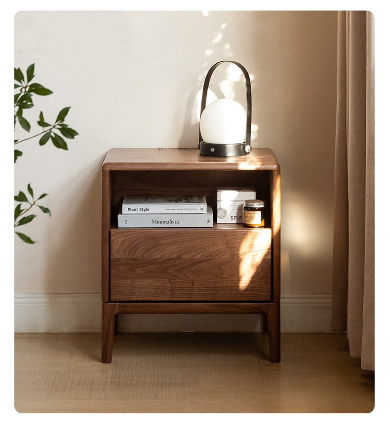 Premium Black Walnut & Ash Solid Wood Nightstand with Built-in Light - Modern Bedside Table for Bedroom Decor & Small Space Storage