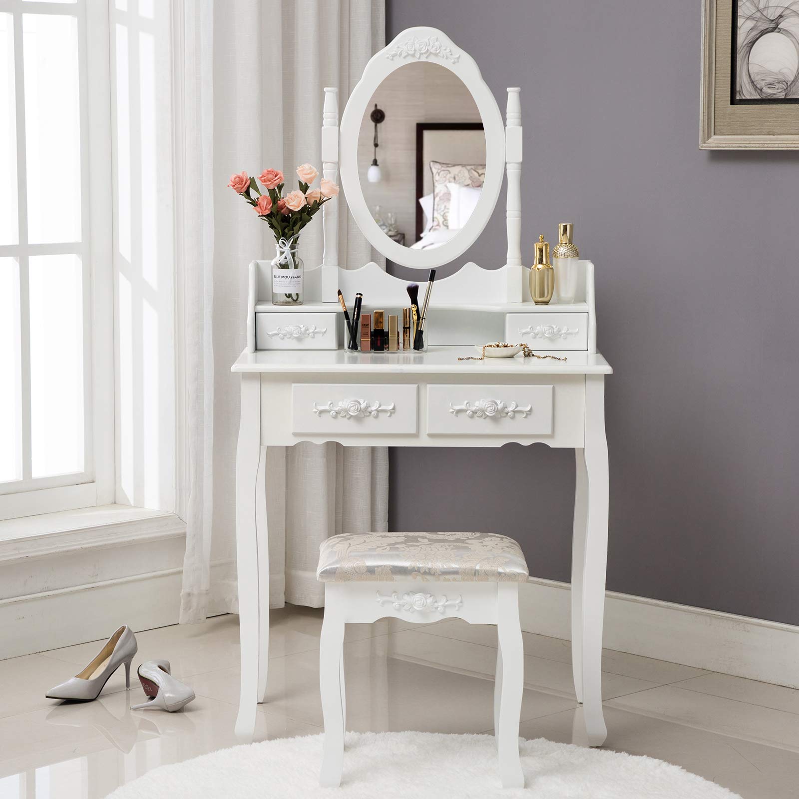 HONBAY White Makeup Vanity Table Set with Oval Mirror, 4 Drawers & Cushioned Stool - Perfect Dressing Table for Bedroom, Bathroom, or Beauty Salon