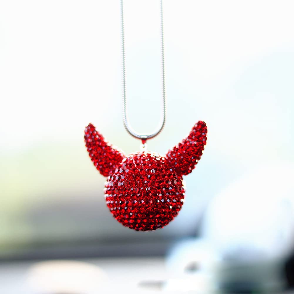 Diamond Car Rearview Mirror Pendant - Zcargel Bling Bling Crystal Car Horn Head Devil Pendant - Creative Interior Jewelry for Home, Office, Bedroom, Living Room, and Car Decoration