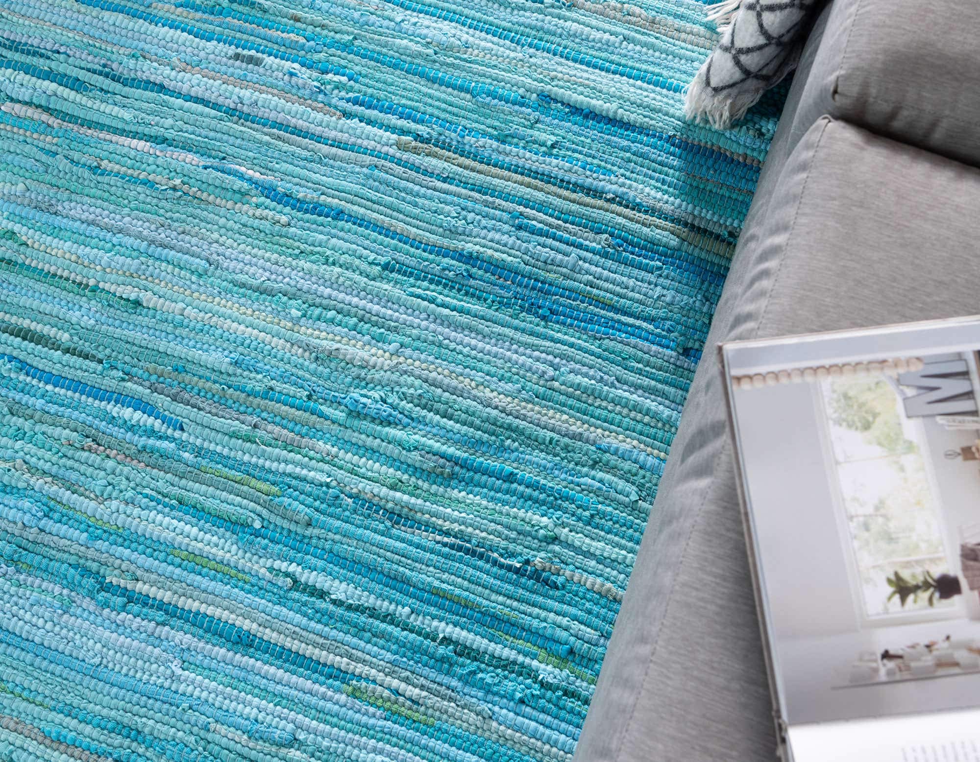 Unique Loom Handwoven Chindi Cotton Striped Area Rug - 8x10 ft Natural Fiber Floor Mat in Turquoise & Ivory | Boho Chic Living Room Decor, Bedroom Accent Rug