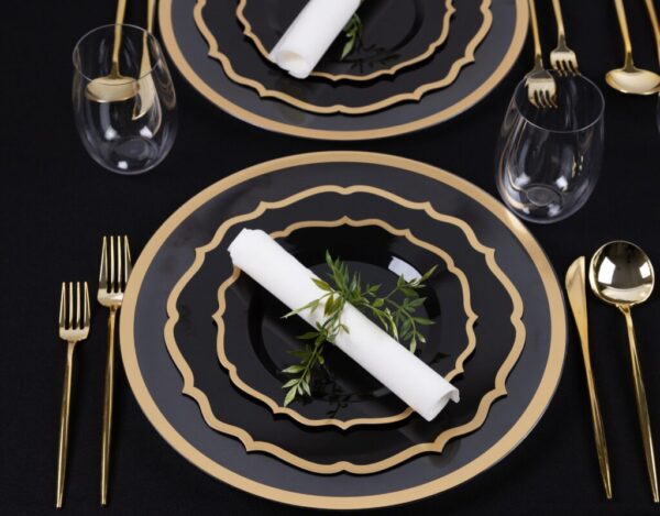 32-Piece Black and Gold Round Plastic Dinnerware Set - Elegant Disposable Plates, Cups, Forks, Knives & Spoons for 16 Guests - Perfect for Parties, Weddings, BBQs & Outdoor Events