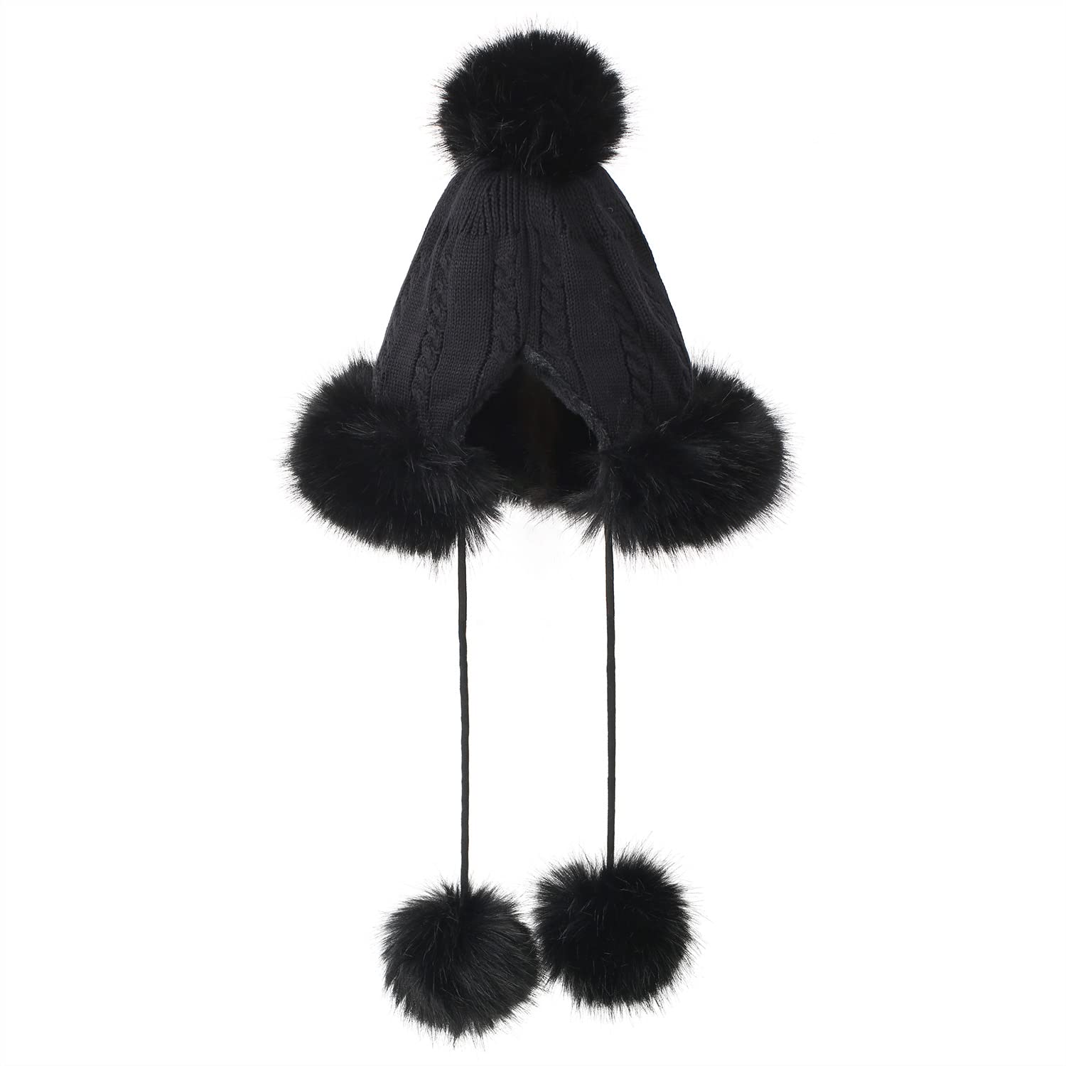 PINKGIRL Women's Faux Fur Winter Knit Beanie Hat with Ear Flaps - Fleece Lined Warm Skull Cap with Pom Pom for Skiing, Snowboarding & Outdoor Activities