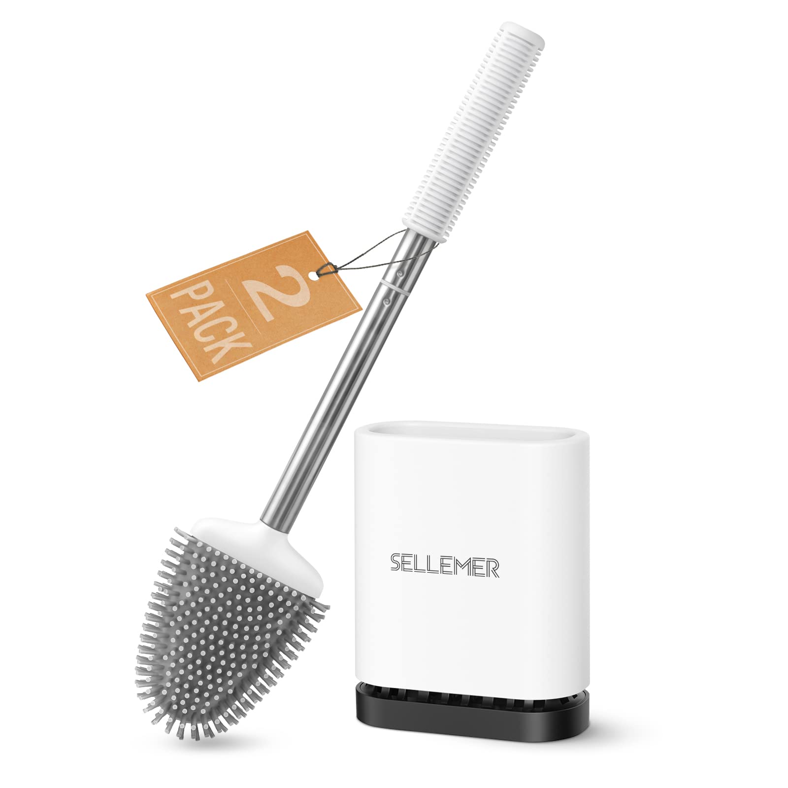Sellemer 2-Pack Flexible Toilet Brush and Holder Set with Silicone Bristles & Stainless Steel Handle - Compact Bathroom Cleaning Tool with Ventilated Base for Easy Storage - Perfect for Small Spaces, Apartments, and RVs