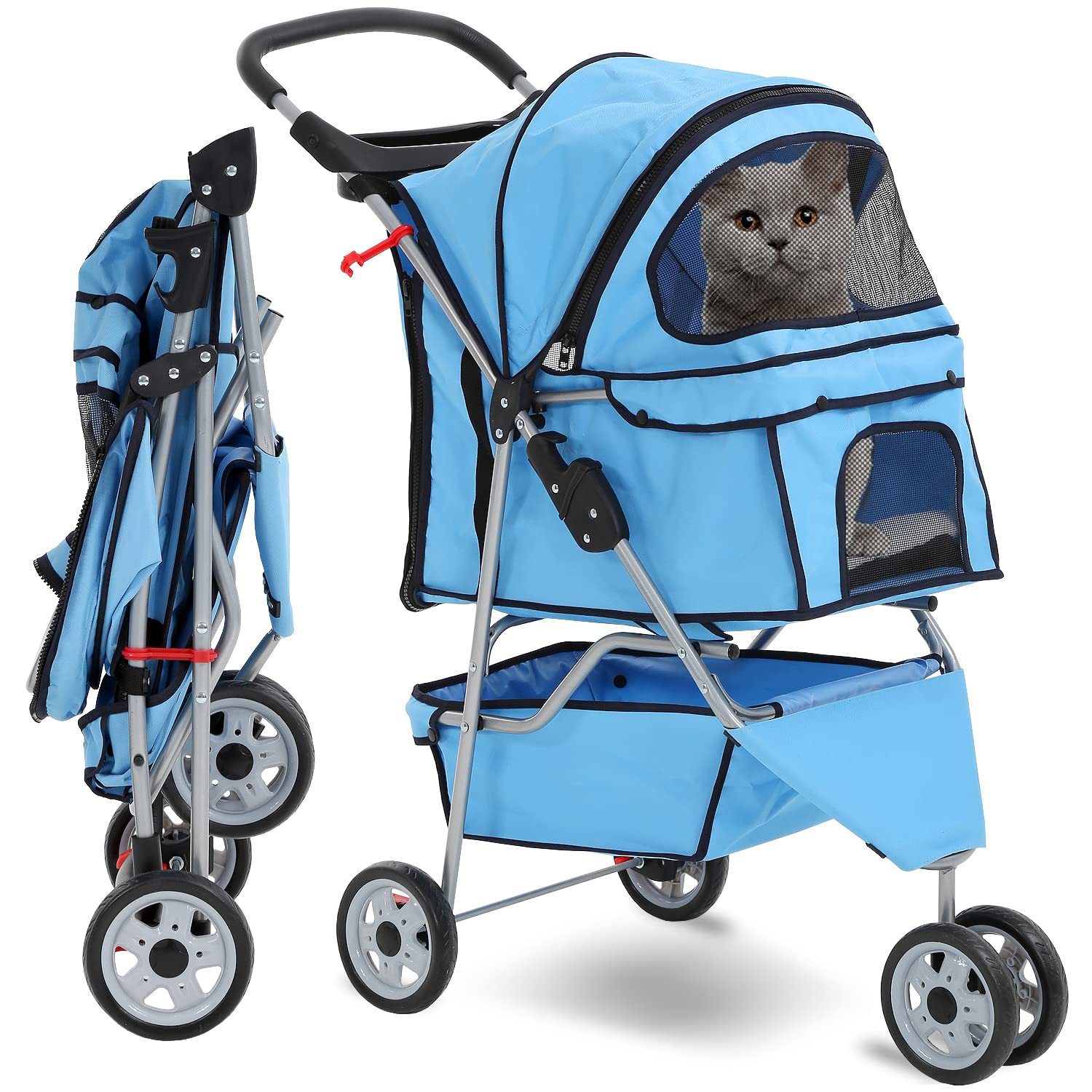 3-Wheel Folding Dog Stroller for Small & Medium Pets - Lightweight Pet Carrier with Storage Basket & Cup Holder | Perfect for Cats, Dogs & Puppies (Blue, 35