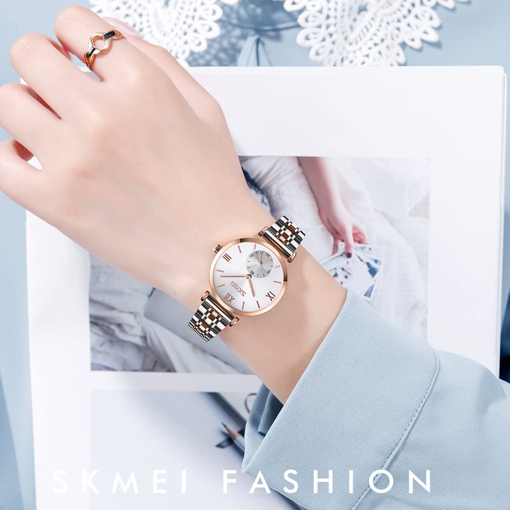 SKMEI Women's Luxury Stainless Steel Dress Watch - Classic Analog Quartz Waterproof Wristwatch for Business & Formal Occasions - Elegant Gold & Silver Design - Perfect Gift for Wife, Girlfriend & Ladies - Ideal for Office, Parties & Everyday Wear
