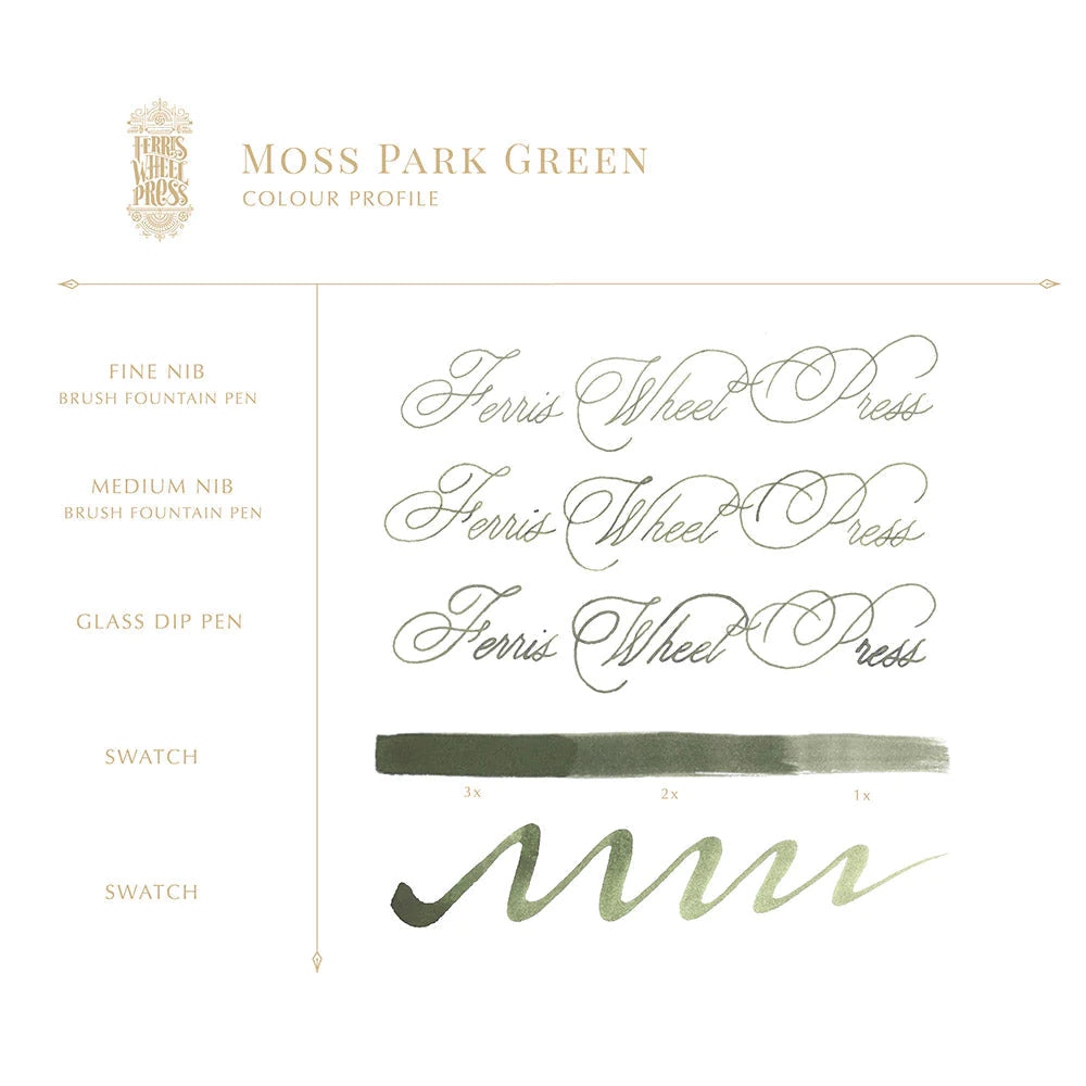 Ferris Wheel Press Moss Park Green Fountain Pen Ink - Premium Bottled Ink for Calligraphy, Journaling & Artistic Writing - Perfect for Fountain Pens, Dip Pens & Stationery Enthusiasts