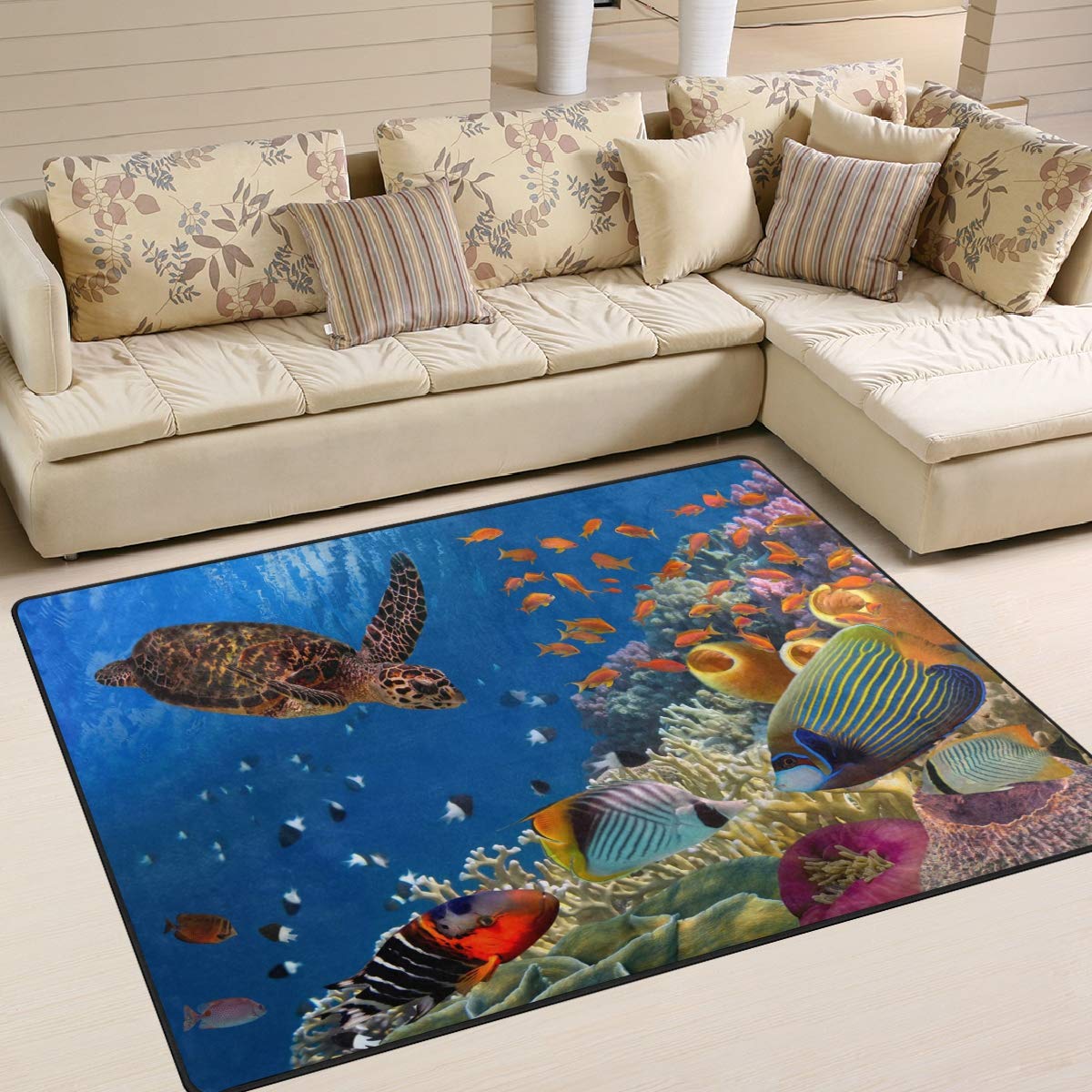 ALAZA Fantasy Ocean Sea Turtle Coral Reef Fish Area Rug - 7' x 5' Non-Slip Living Room Bedroom Rug - Perfect for Beach House Decor, Kids Room & Coastal Theme Interior Design