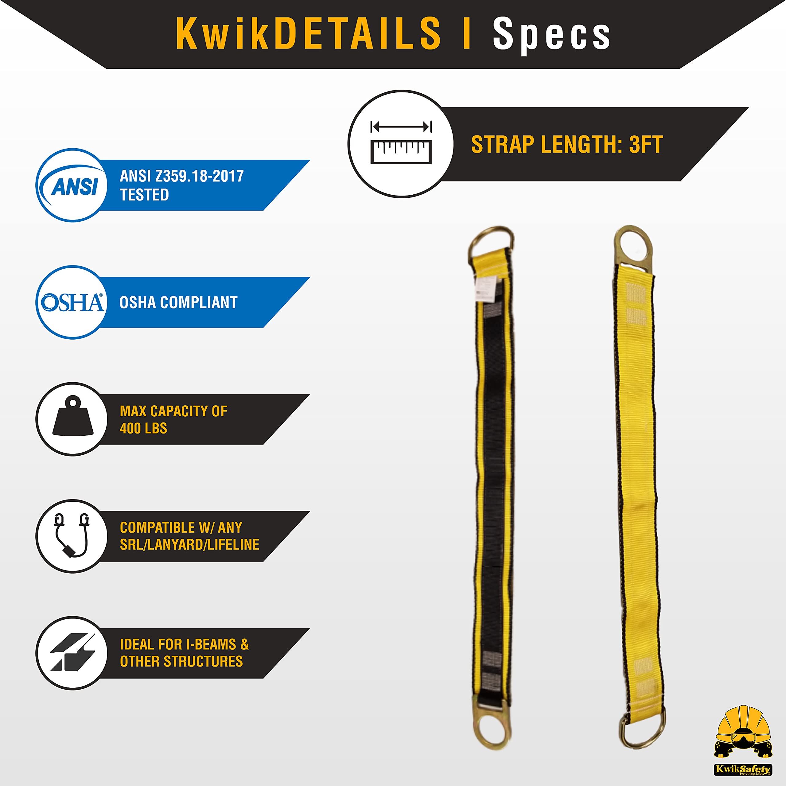 KwikSafety Gibbon Grip 3 ft Safety Anchor Cross Arm Strap Kit with 10 lb Tool Lanyard - ANSI/OSHA Compliant Fall Arrest System for Construction, Roofing & Climbing - Safety Harness & Lanyard for Work at Heights