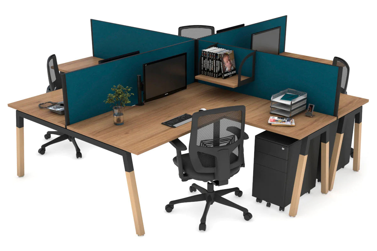 Quadro Wood A Legs Cross Beam 4-Person Corner Workstation Desk - 1600L x 1800W with Cable Management Scallop - Perfect for Office, Home Workspace & Collaborative Environments