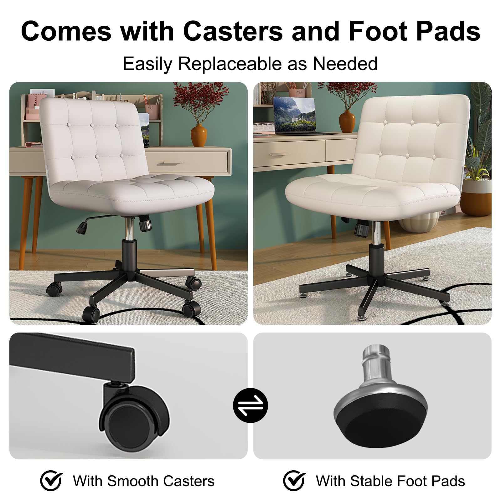 White PU Leather Swivel Office Chair with Wheels - Adjustable Height Criss Cross Leg Design Armless Computer Desk Chair for Home Office, Perfect for Working, Gaming & Vanity Dressing