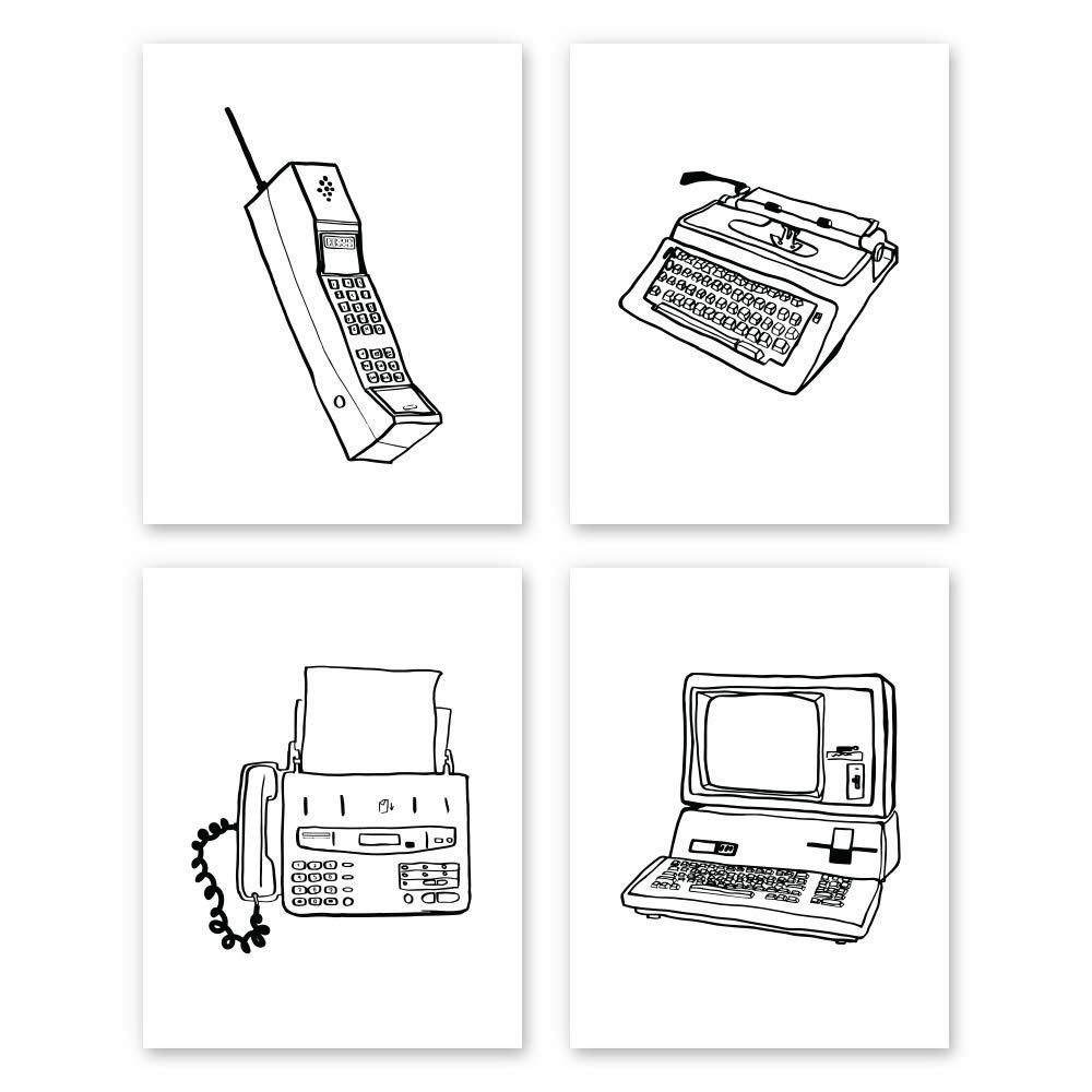 Vintage Technology Wall Art Set - 4 Unframed Office & Home Decor Prints (11x14) | Retro Phone, Computer, Printer, Fax Machine & Typewriter Illustrations | Perfect for Tech Lovers, Home Office & Man Cave Decor