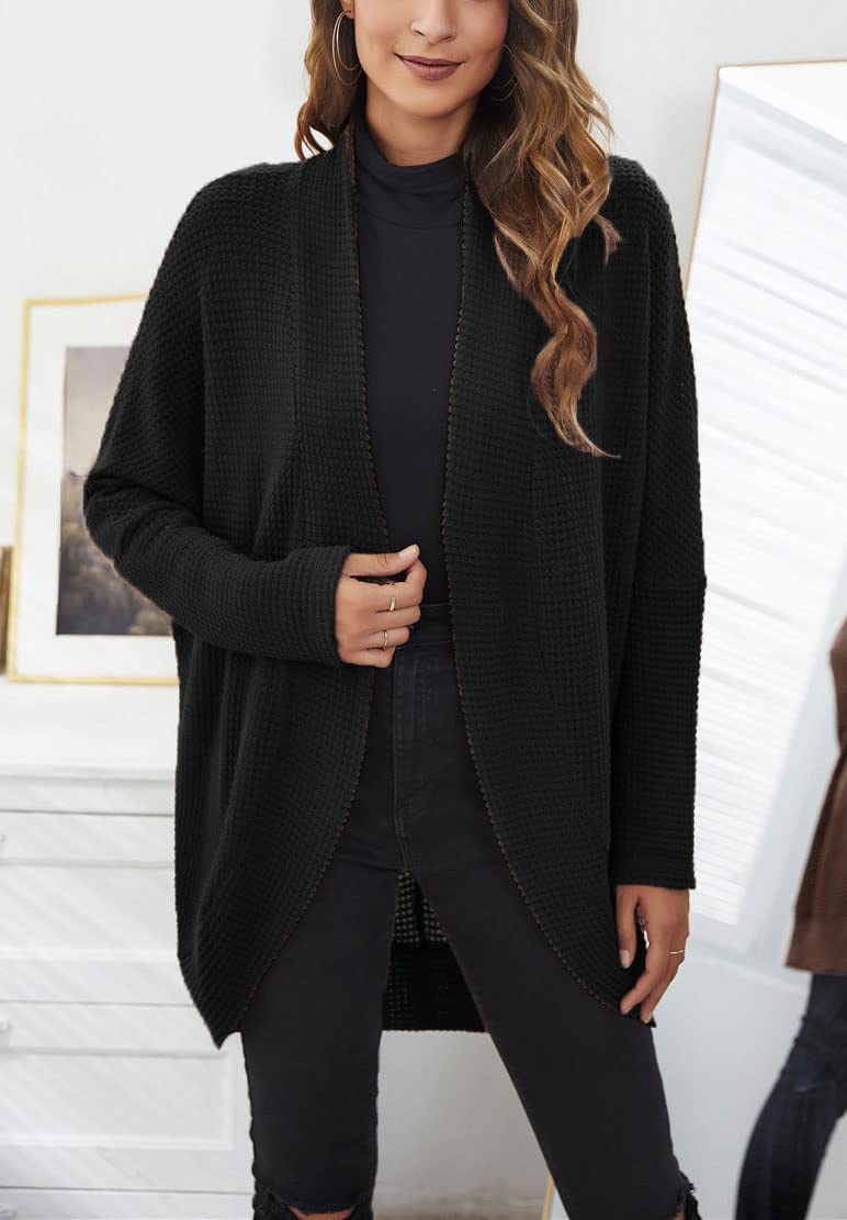 Ebossy Women's Oversized Kimono Cardigan - Soft Open Front Knit Sweater with Waffle Texture & Batwing Sleeves | Cozy Boyfriend Style Loungewear for Home, Office & Casual Outings