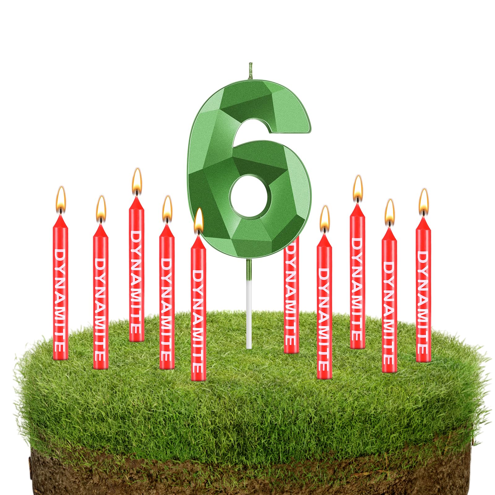 Fumete 13 Pcs Dynamite Candles - TNT Themed 3D Design Green Number Birthday Candles for Cakes - Fun Party Supplies for Kids & Adults Birthday, Wedding, Baby Shower & Video Game Parties (Number 6) - Perfect for Explosive-Themed Celebrations and Gaming Events