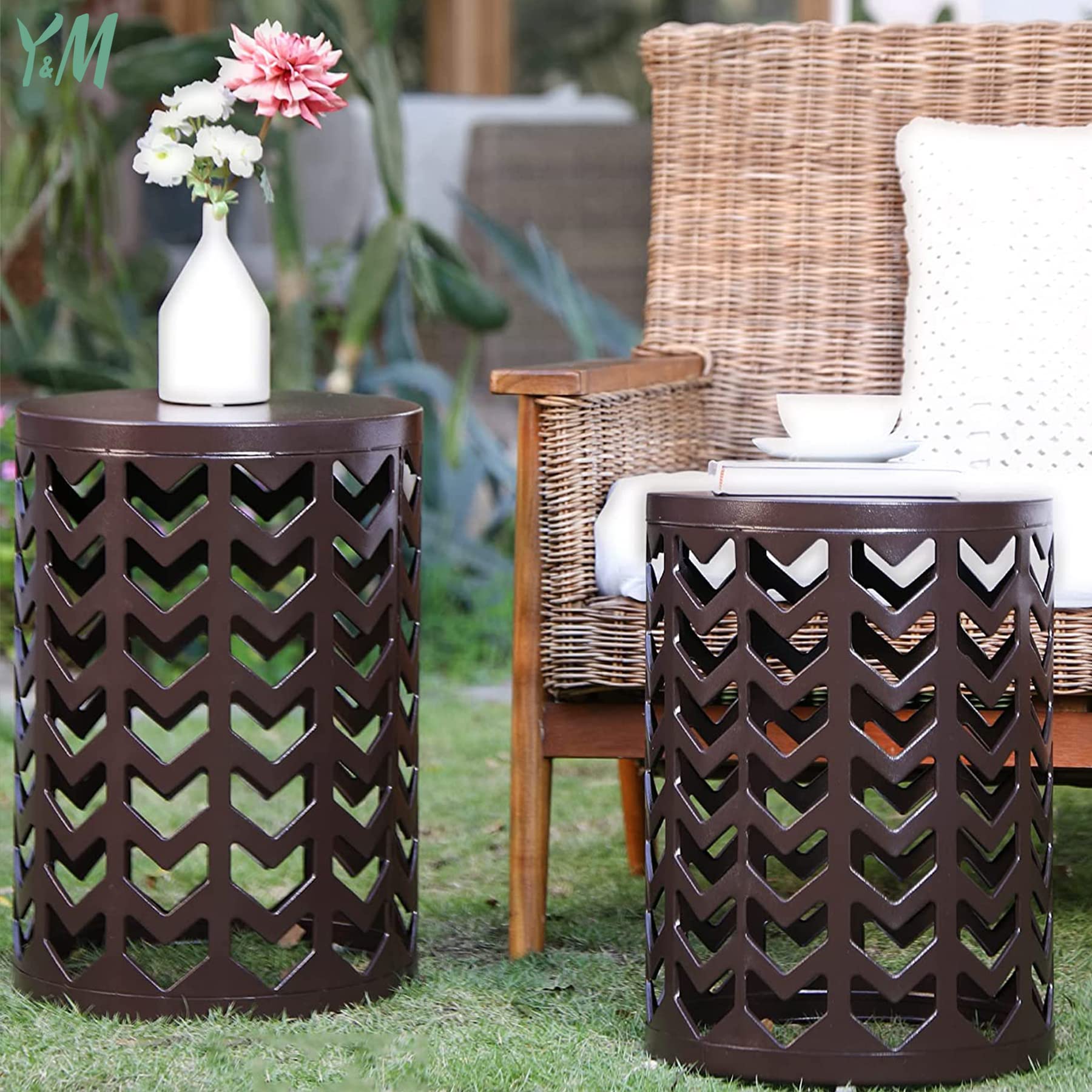 Y&M Nesting Side Table Set of 3 - Stackable Modern Industrial Coffee Tables for Living Room, Bedroom & Outdoor - Heavy Duty End Tables & Garden Stools - Pure Brown (US Shipping) | Perfect for Small Spaces, Patio Decor & Coffee Table Alternatives
