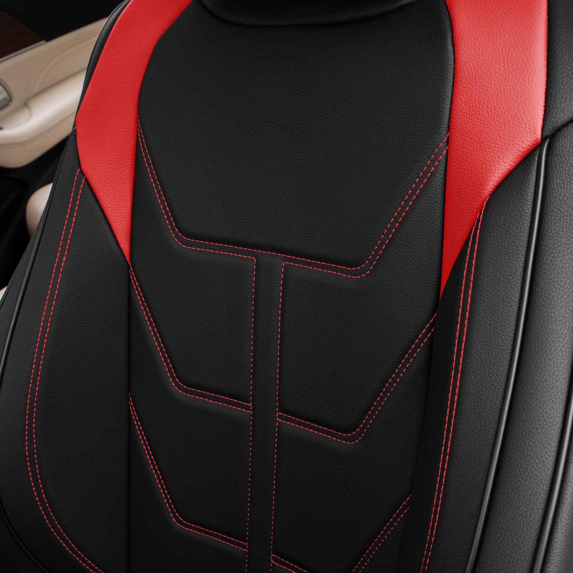 Premium TLH Bionic70 Deluxe Faux Leather Red Car Seat Covers - 2-Pack Universal Fit Front Seat Protectors for Cars, Trucks & SUVs | Waterproof, Anti-Slip Cushion with Contrast Stitching | Perfect for Road Trips, Commuting & Pet Protection