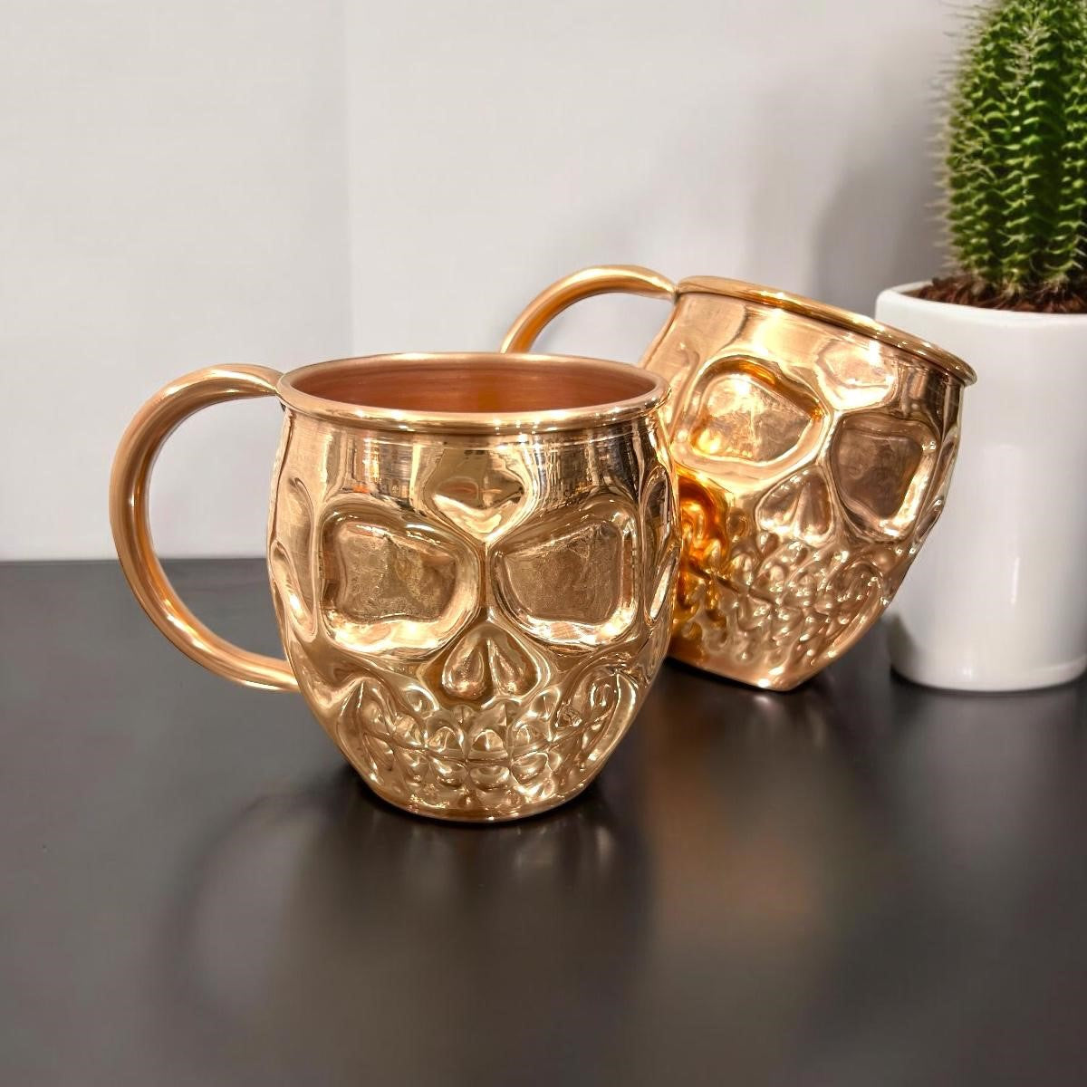Set of 2 Copper Skull Mugs - Day of the Dead Themed with Plain & Shiny Finish - Perfect for Halloween Decor, Gothic Home Barware & Mexican Festival Celebrations