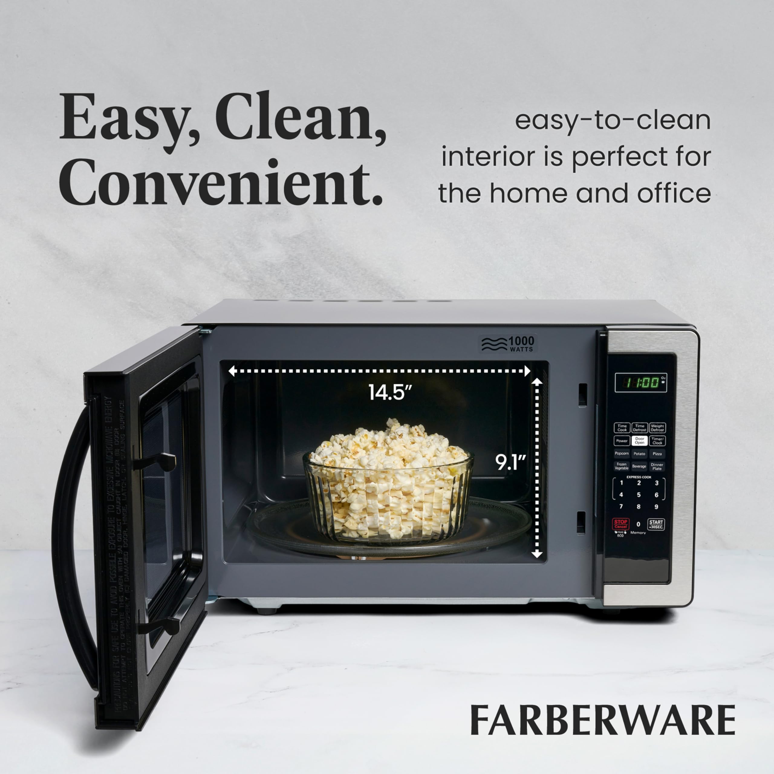 Farberware 1.1 cu ft 1000W Countertop Microwave Oven with LED Lighting & Child Safety Lock - Stainless Steel Interior for Easy Cleaning - Ideal for Small Kitchens, Apartments, Dorm Rooms & Office Breakrooms
