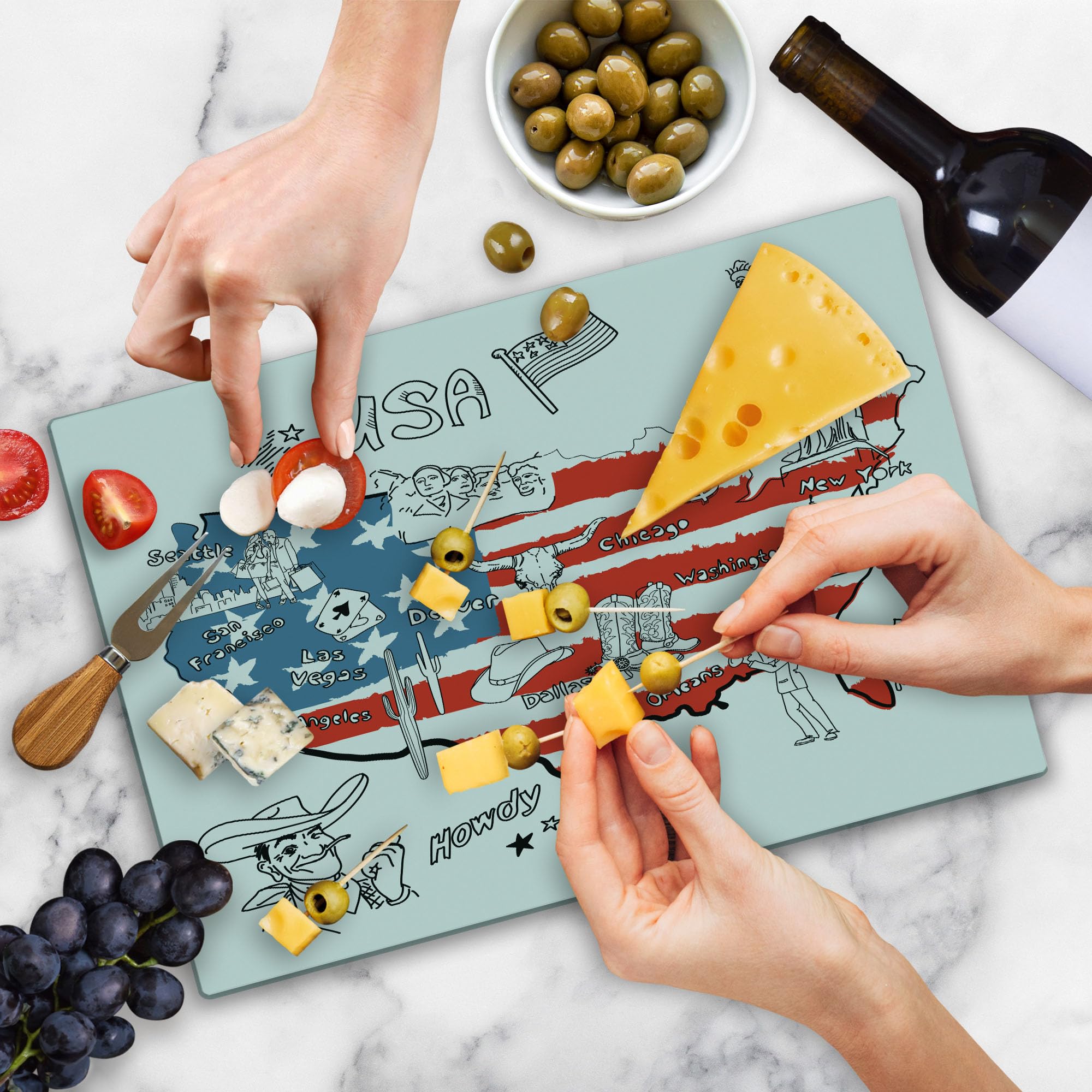 Ambesonne American Flag Cutting Board - Hand Drawn USA Map with All 50 States, Texas Cowboy Themed Tempered Glass Serving Board (Large Size, White Blue Red) - Perfect for Kitchen Decor, BBQ Parties & Patriotic Gift Giving