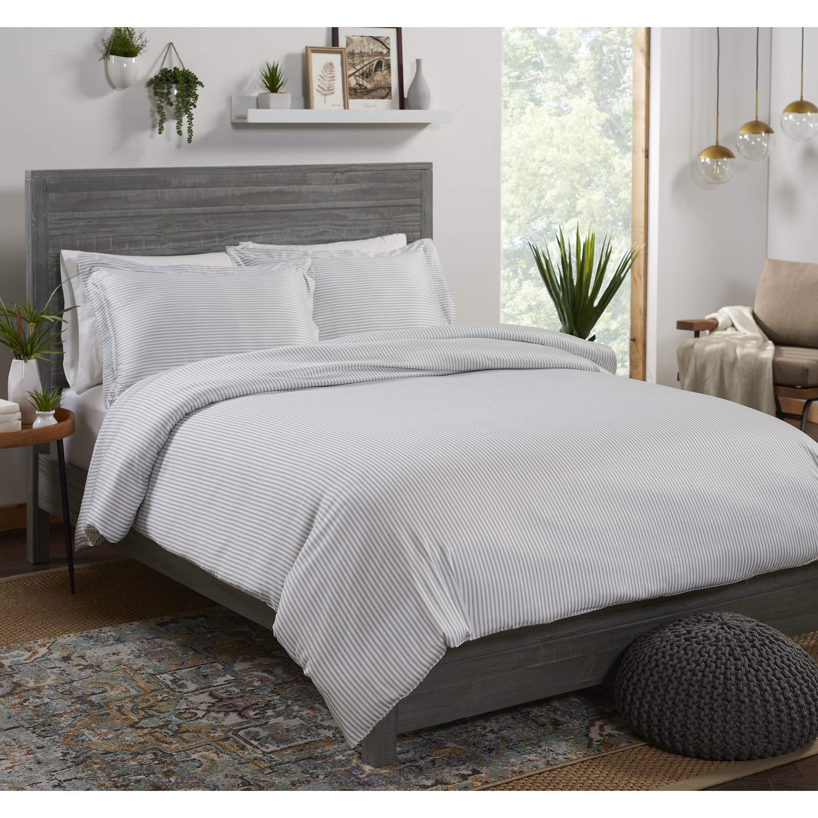 Pure Bamboo Queen Duvet Cover Set - 100% Organic Bamboo Viscose 3-Piece Bedding | Ultra Soft & Cooling Bamboo Sheets with 2 Pillowcases (Queen Size, Striped) - Perfect for Hot Sleepers & Eco-Friendly Bedrooms