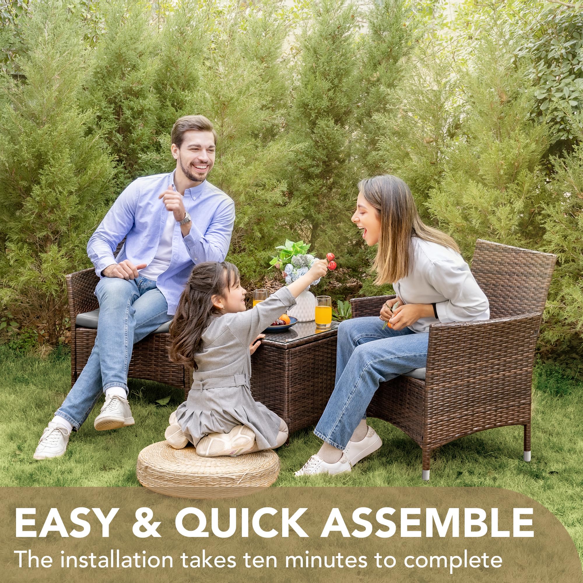 Devoko 3-Piece PE Rattan Wicker Patio Furniture Set with Table - Outdoor Garden Chairs for Porch, Deck, Backyard (Brown/Grey) - Perfect for Relaxing, Entertaining & Enjoying Sunny Days