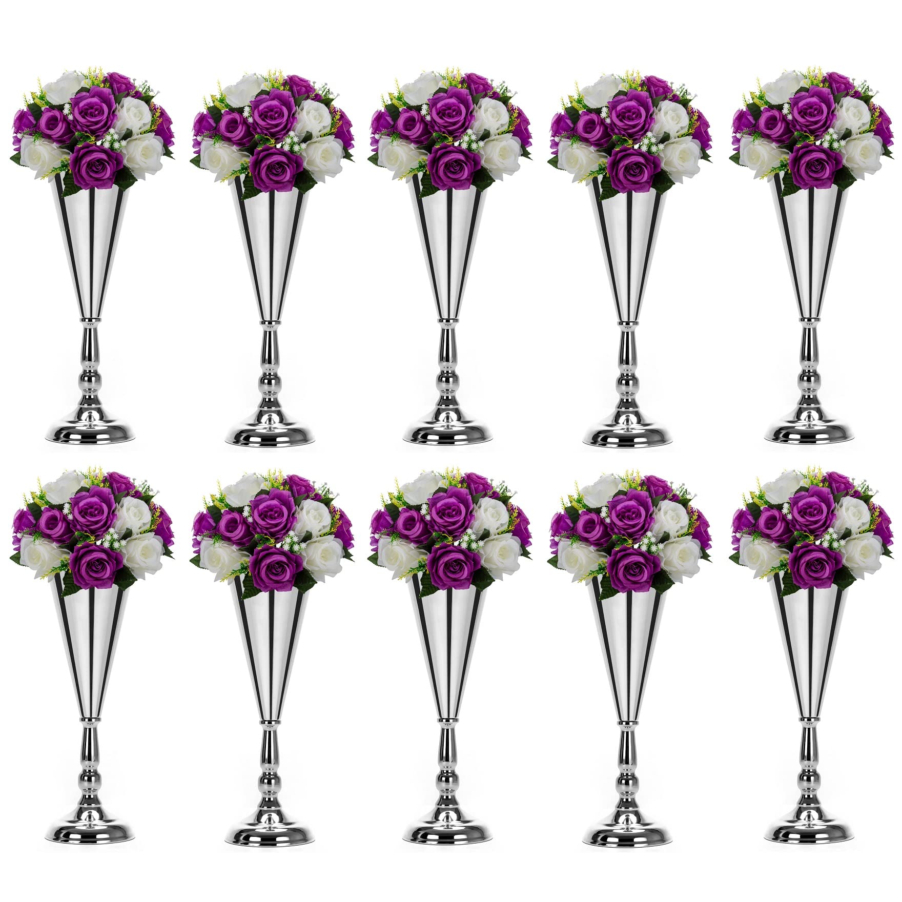 Elegant Metal Wedding Flower Trumpet Vase - Gold & Silver Tabletop Candlestick Holder for Wedding Decor, Centerpiece, and Home Decoration (10-Pack, Silver) - Perfect for Wedding Aisle, Reception Tables, and Romantic Home Decor