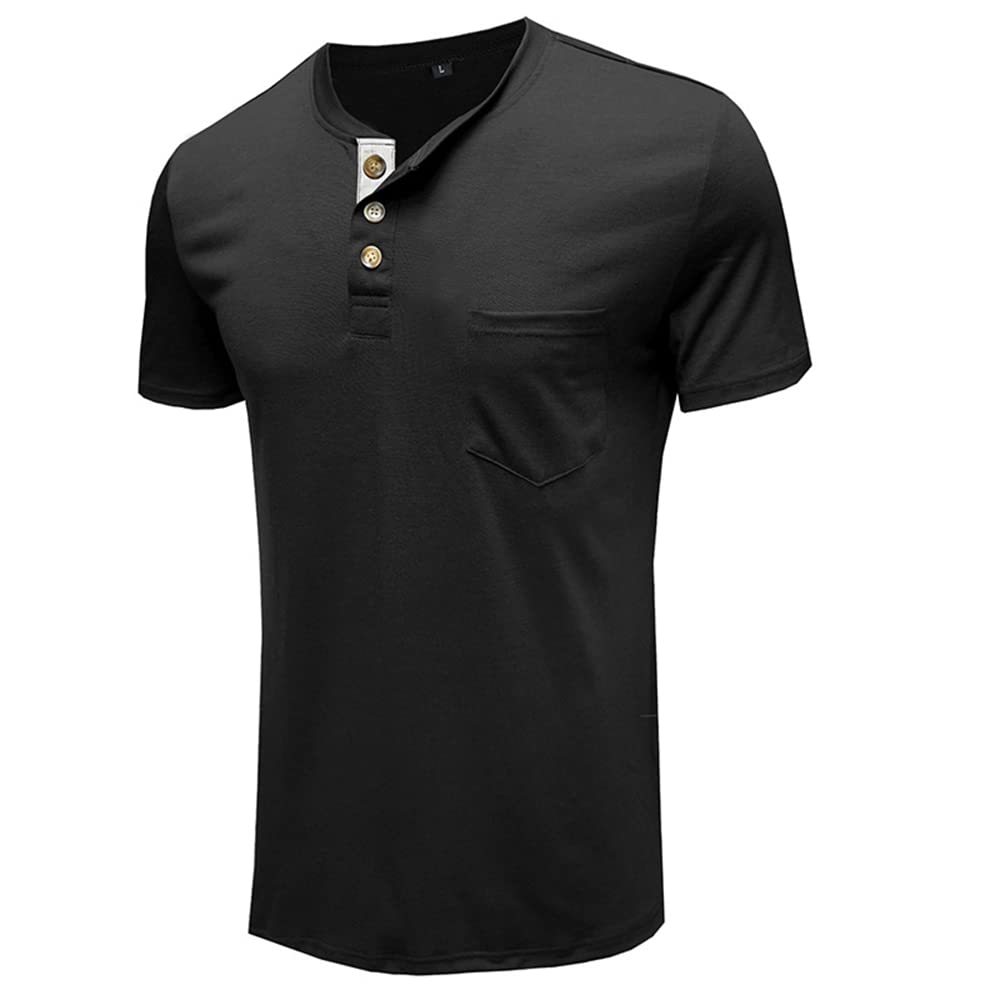 Men's Casual Short Sleeve Henley Shirt - Breathable Cotton Button-Up T-Shirt with Chest Pocket | Perfect for Summer Outings, Beach Trips and Casual Wear