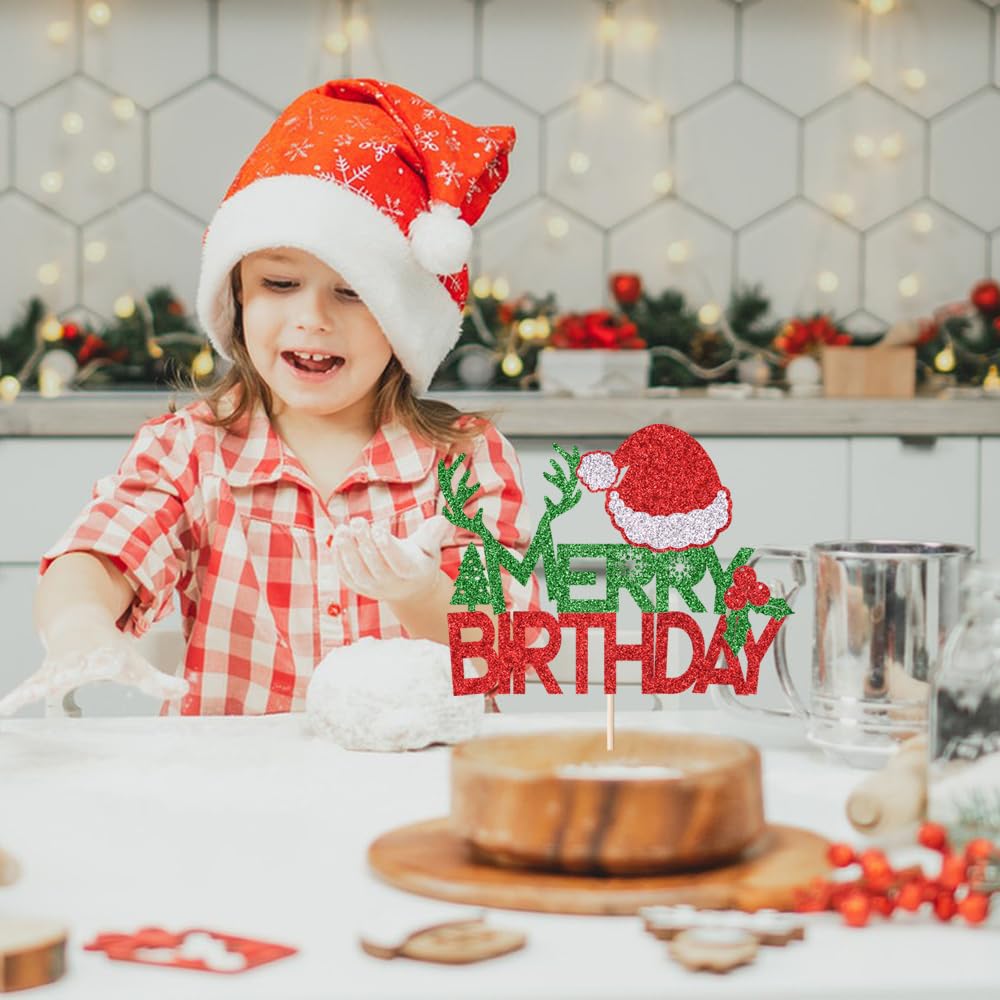 Merry Birthday Cake Topper - Red & Green Glitter Christmas Cake Decorations for Holiday Parties | New Year, Christmas, Winter & Baby Shower Celebration Supplies | Perfect for Christmas Desserts, Birthday Cakes & Festive Gatherings