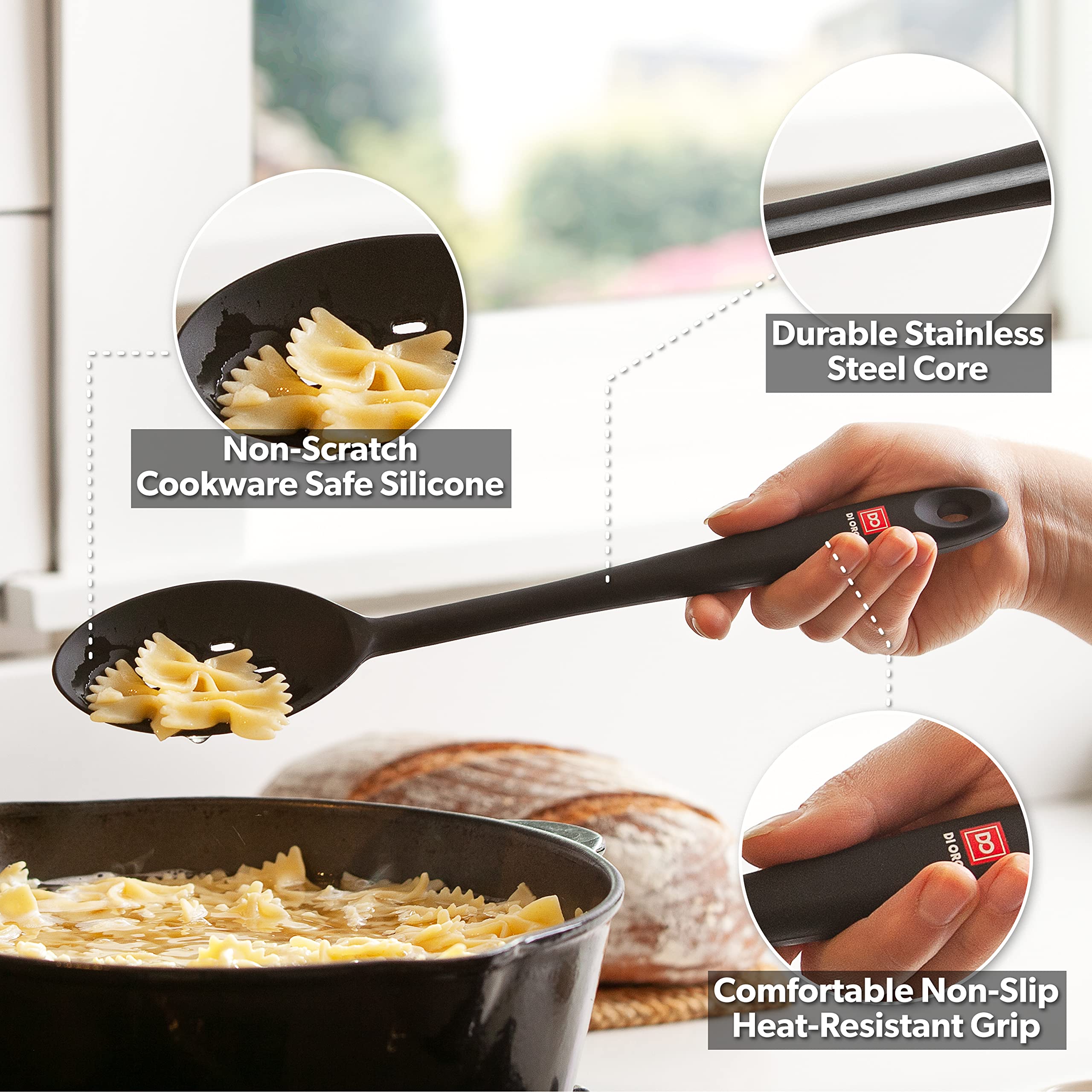 DI ORO 11-Piece Silicone Kitchen Utensil Set - 600°F Heat-Resistant Nonstick Cooking Tools with Spatula, Spoon & Ladle - BPA Free Silicone Utensils for Baking, Frying & Sauteing - Perfect for Nonstick Cookware & Everyday Kitchen Use (Black)