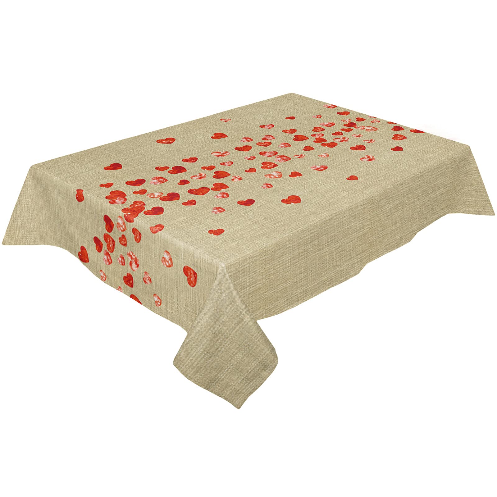 Farmhouse Valentine's Day Tablecloth 54x108 Inch - Waterproof Rectangular Table Cover for Kitchen Dining, Outdoor Picnics & Romantic Dates - Heart Pattern Retro Burlap Tabletop Decor