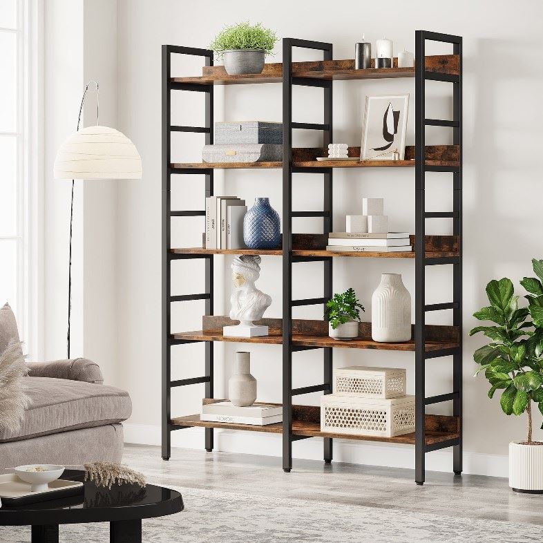 5 Tier Bookshelf - Double Wide Bookcase Storage Shelves Unit for Living Room, Bedroom & Office - Sturdy Bookshelf Organizer for Books, Toys, Decor & More
